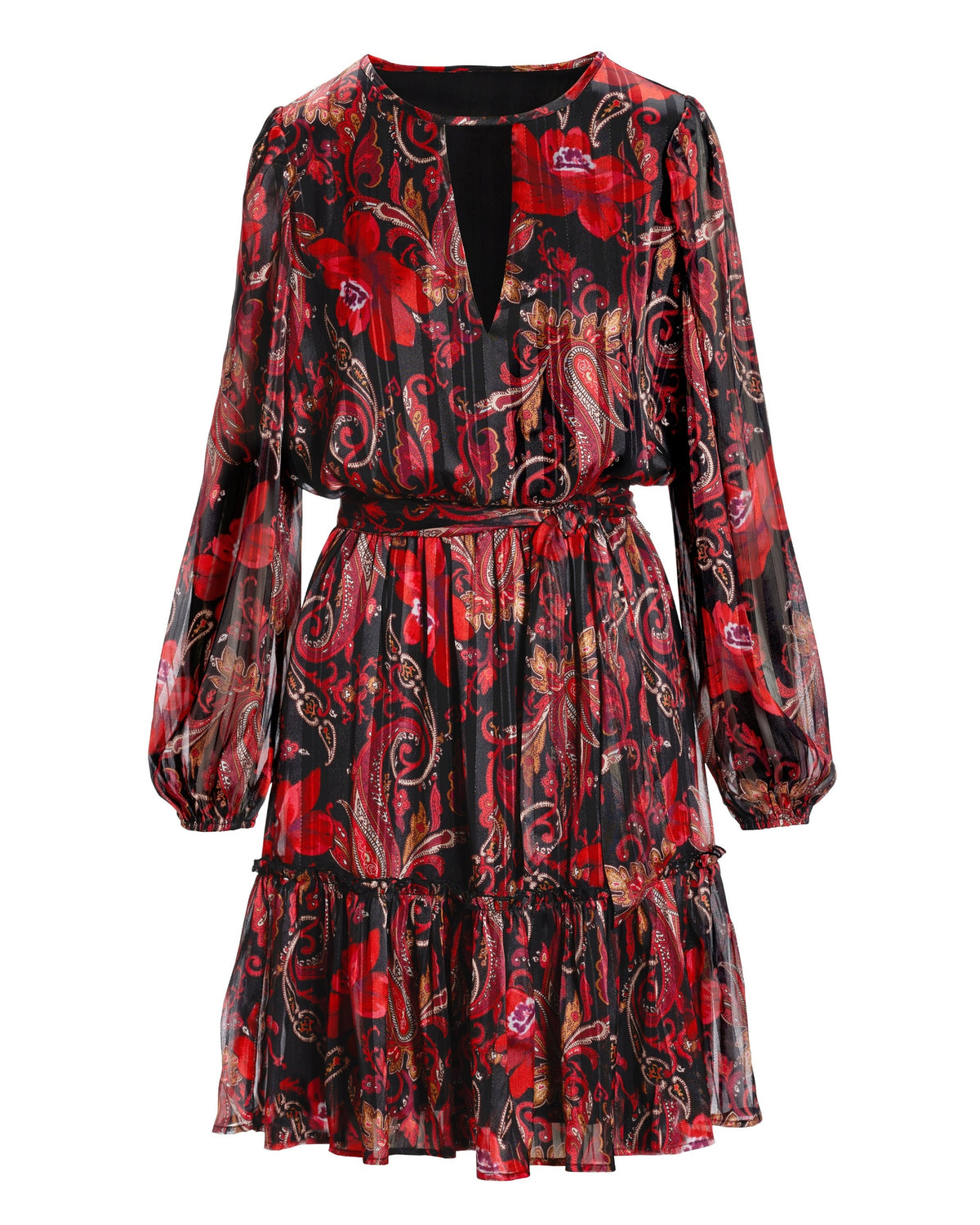 Paisley Garden Mix Print Keyhole Fit and Flare Dress Red/Black