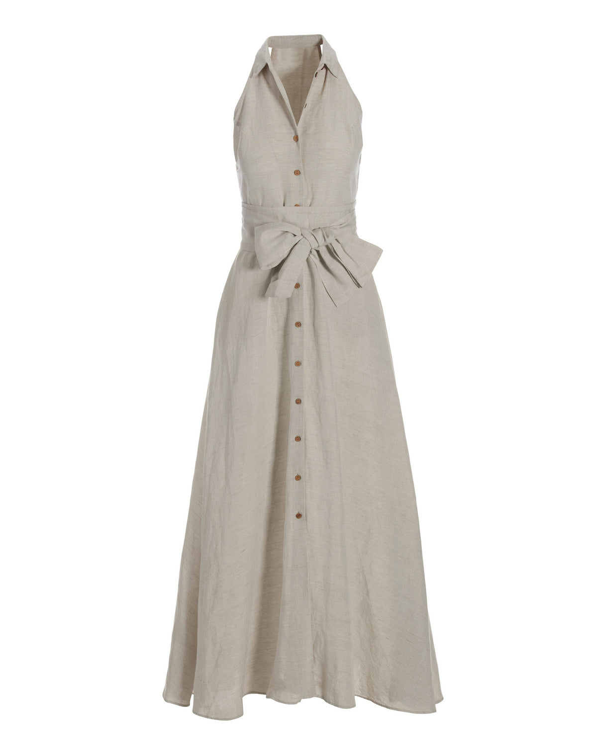 Linen Button Up Fit and Flare Halter Shirt Dress Flax