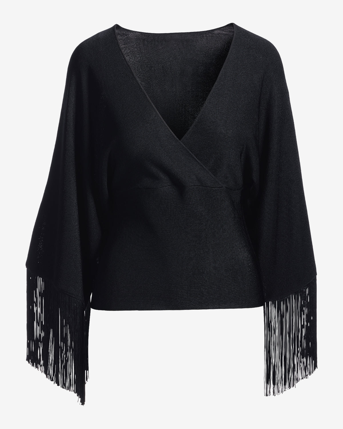 Surplice V-Neck Sleeve Fringe Sweater Top Black