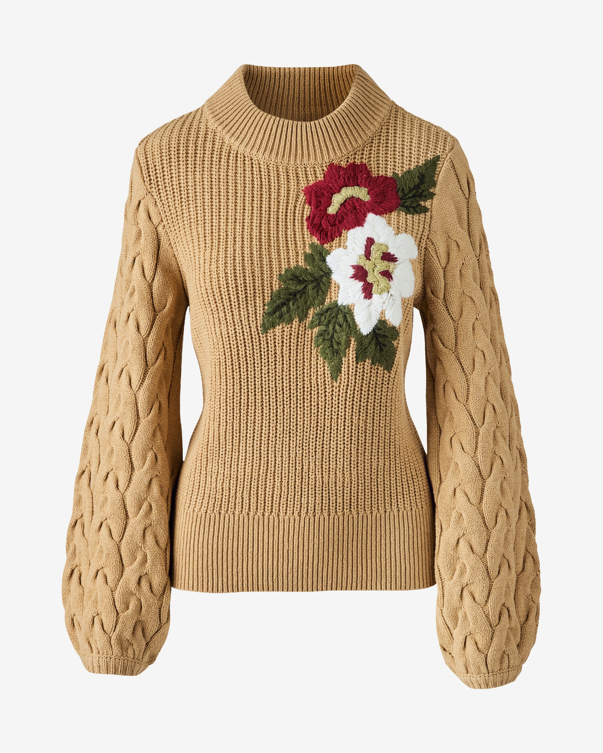 Embroidered Cable Puff Sleeve Sweater Cashmere Tan