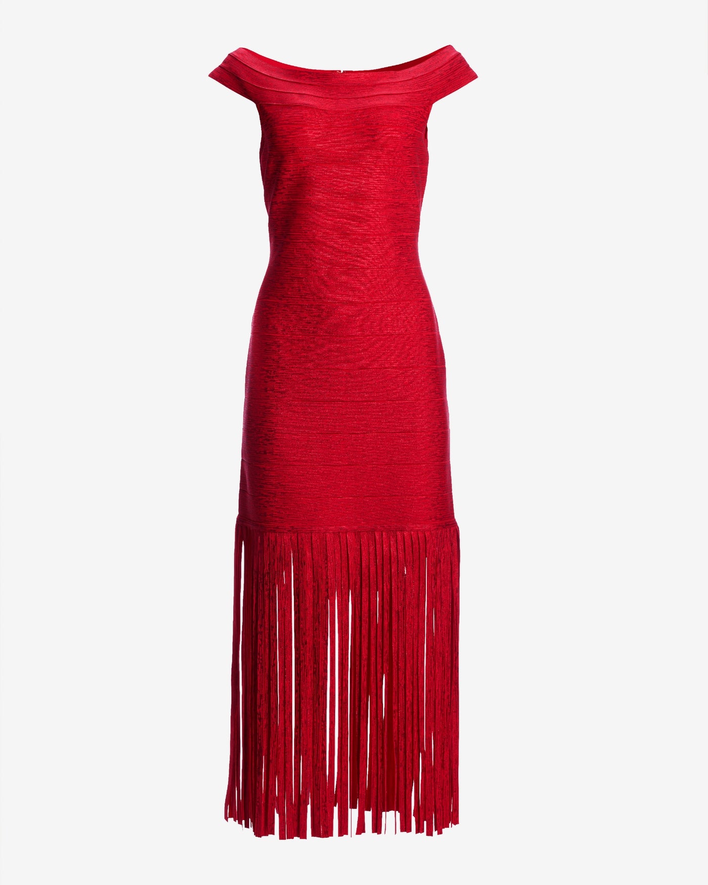 Fringe Trim Metallic Bandage Dress Racing Red