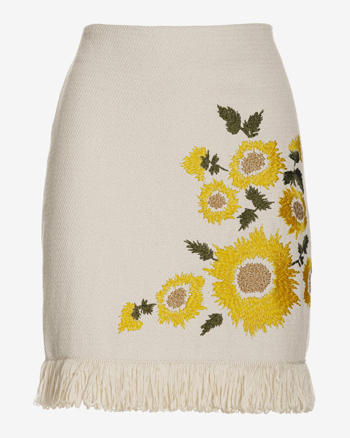 Floral Embroidered Raffia Fringe Mini Skirt Natural Multi