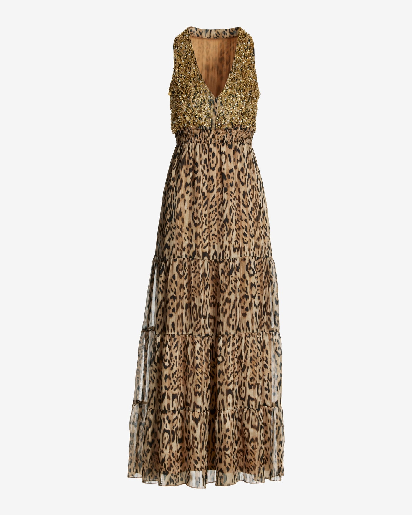 Pearl Embellished Leopard Print Shimmer Maxi Dress Brown Multi