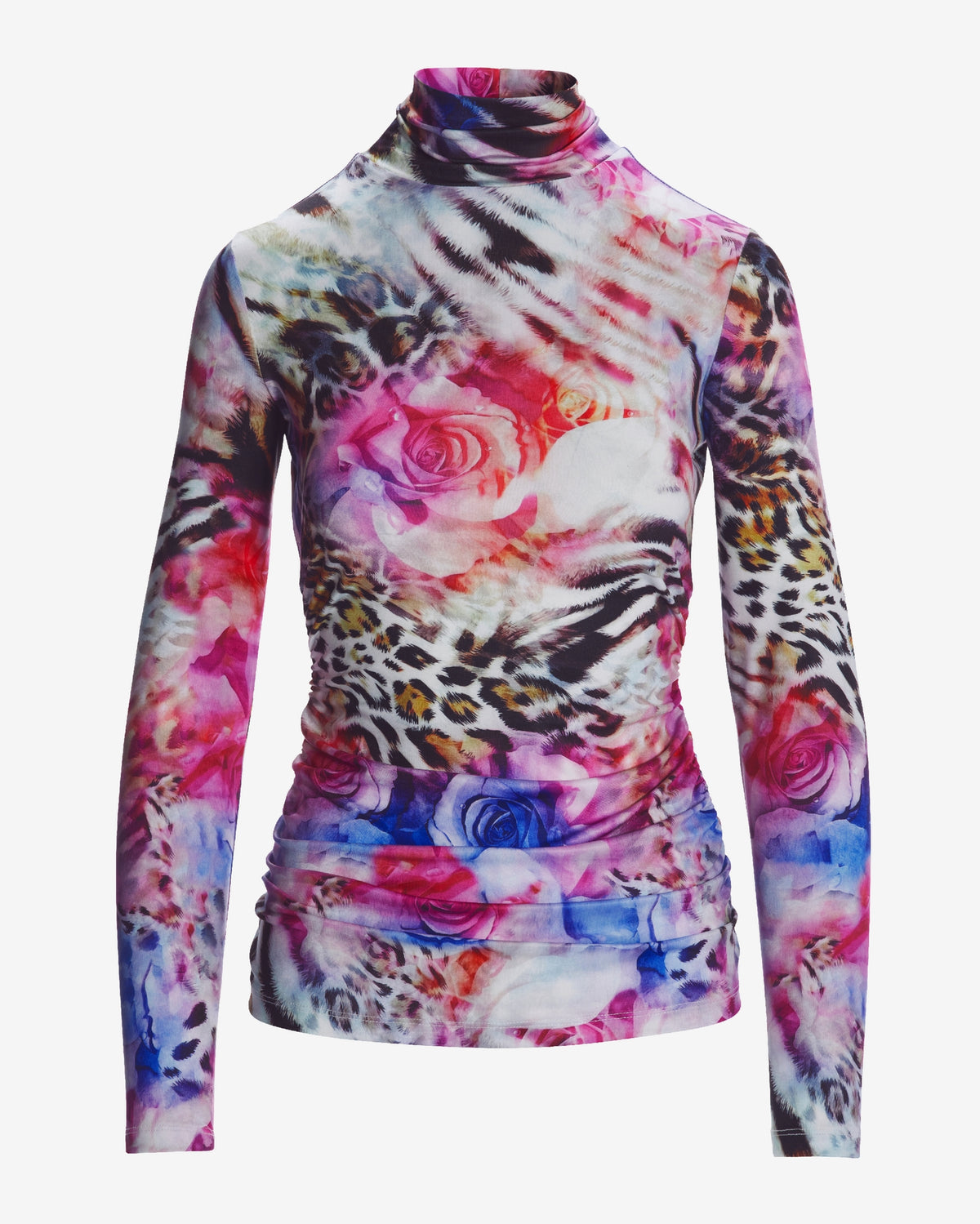 So Chic Floral and Animal Ruched Turtleneck Multi