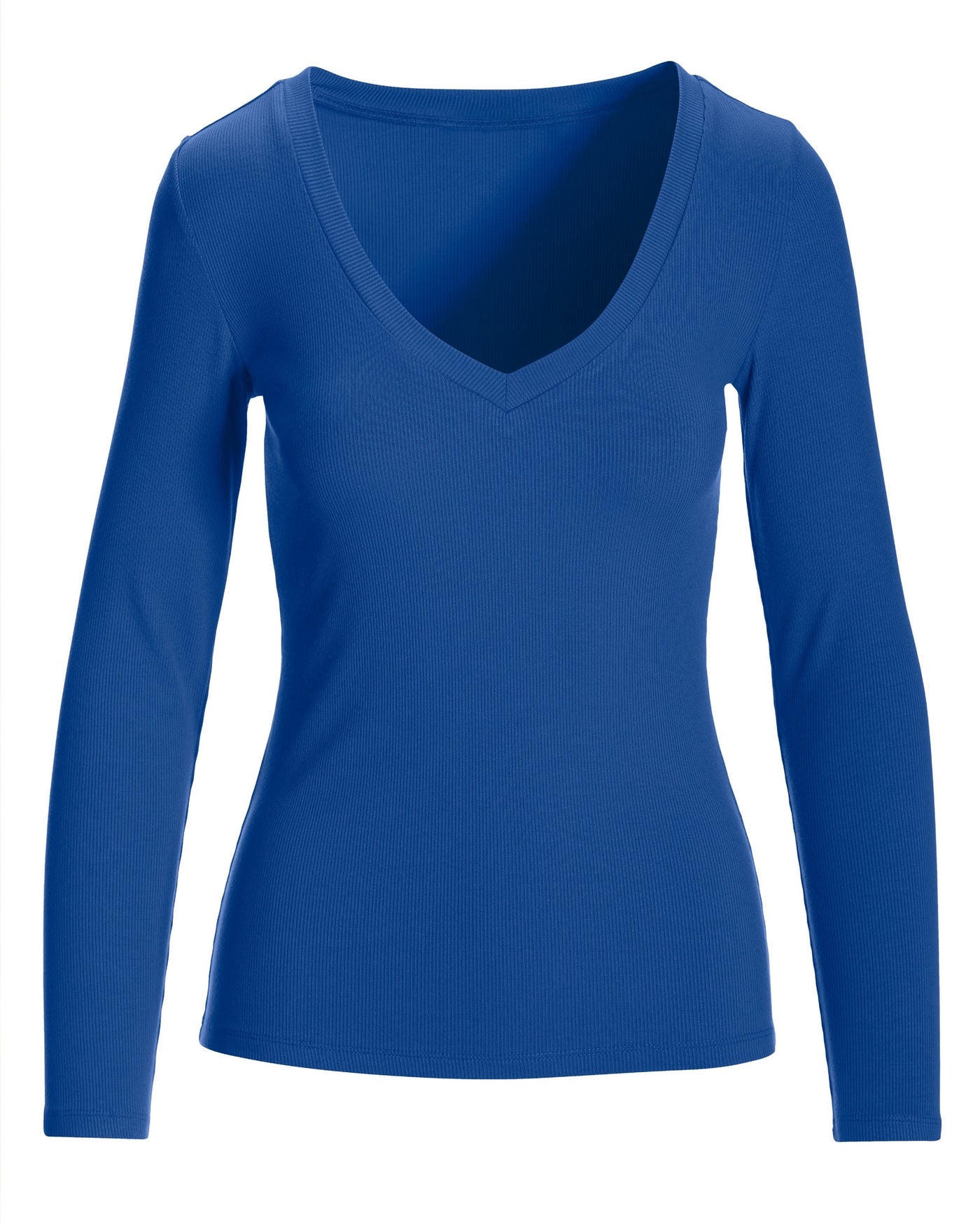 So Essential Ribbed V Neck Long Sleeve Top Lapis Blue