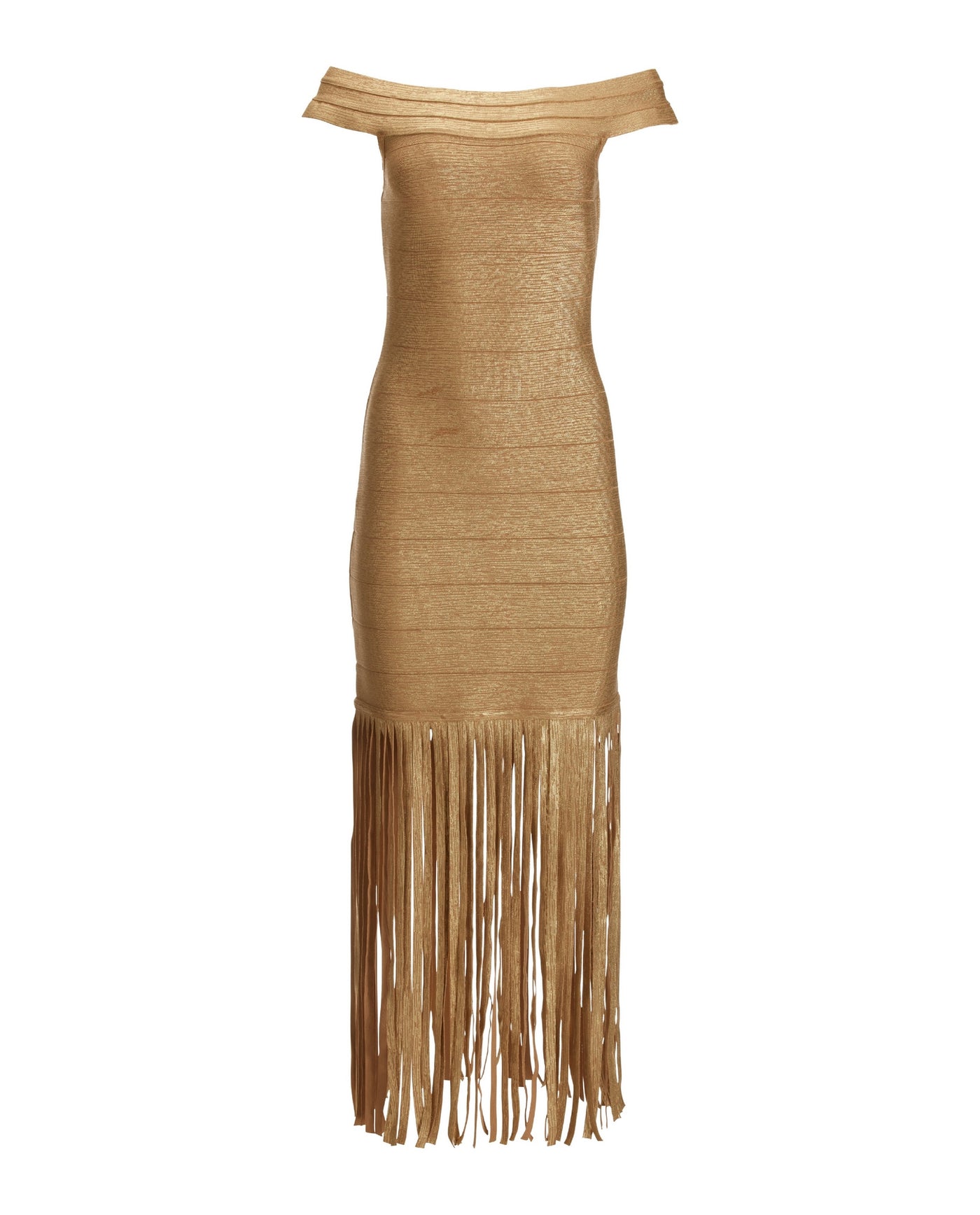 Fringe Trim Metallic Bandage Dress Gold