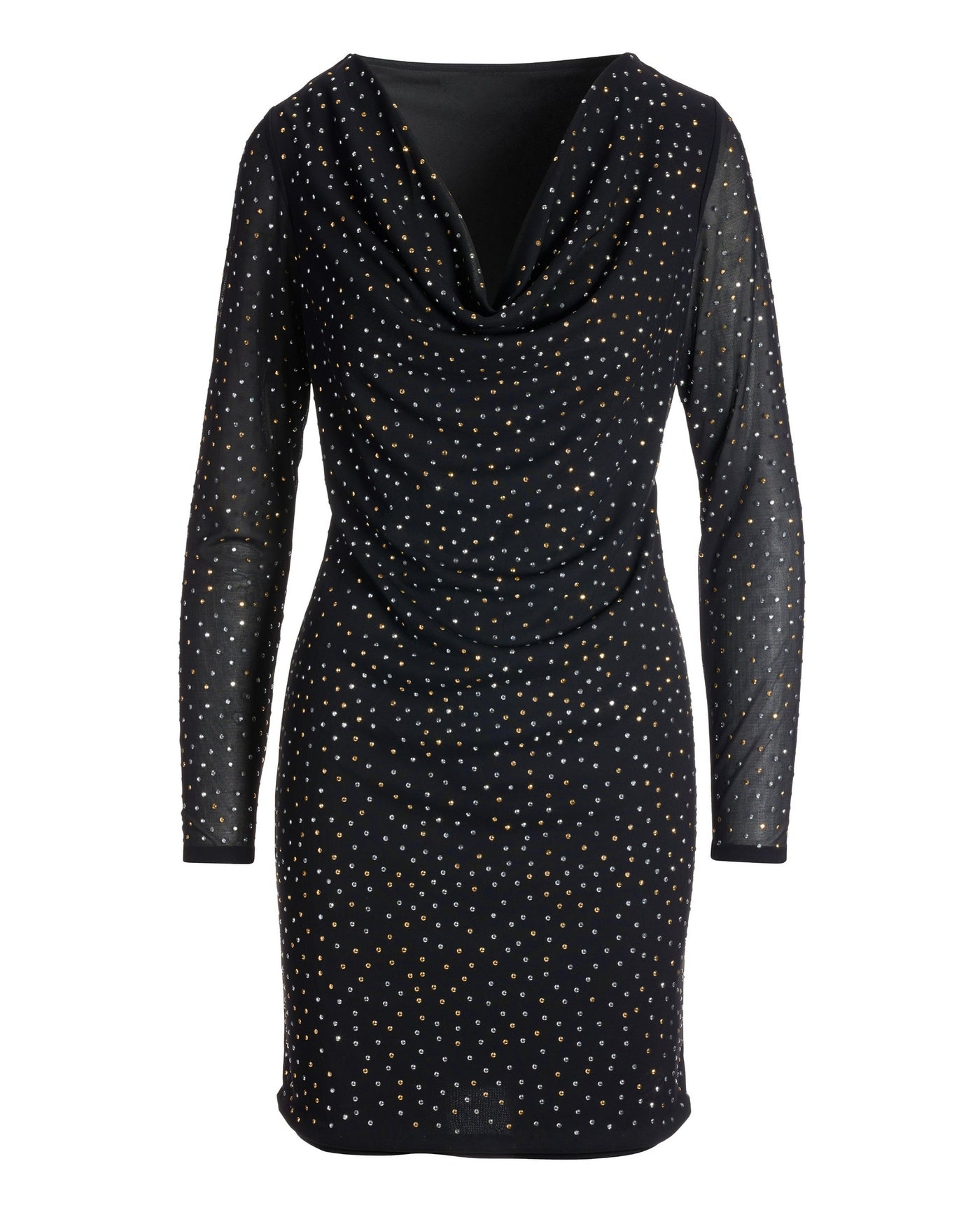 Metallic Bead Embellished Cowl-Neck Mesh Sheath Dress Black