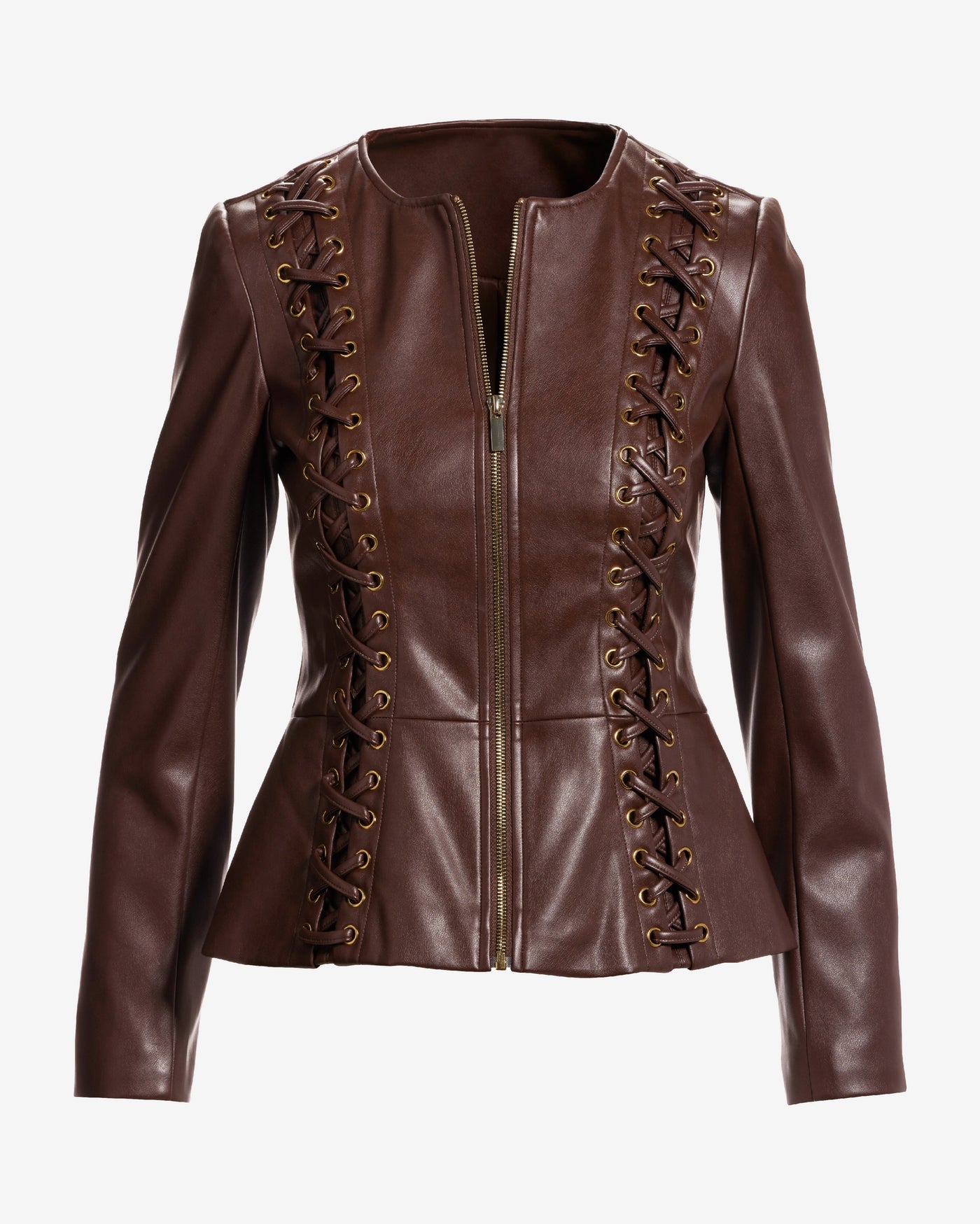 Faux Leather Lace Up Grommet Collarless Peplum Jacket Chocolate