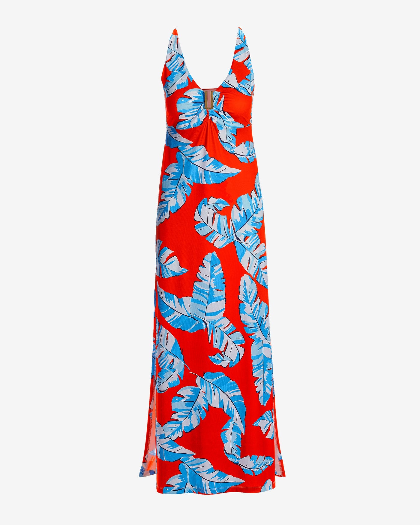 Summer Palms Print Hardware Knit Maxi Dress Red