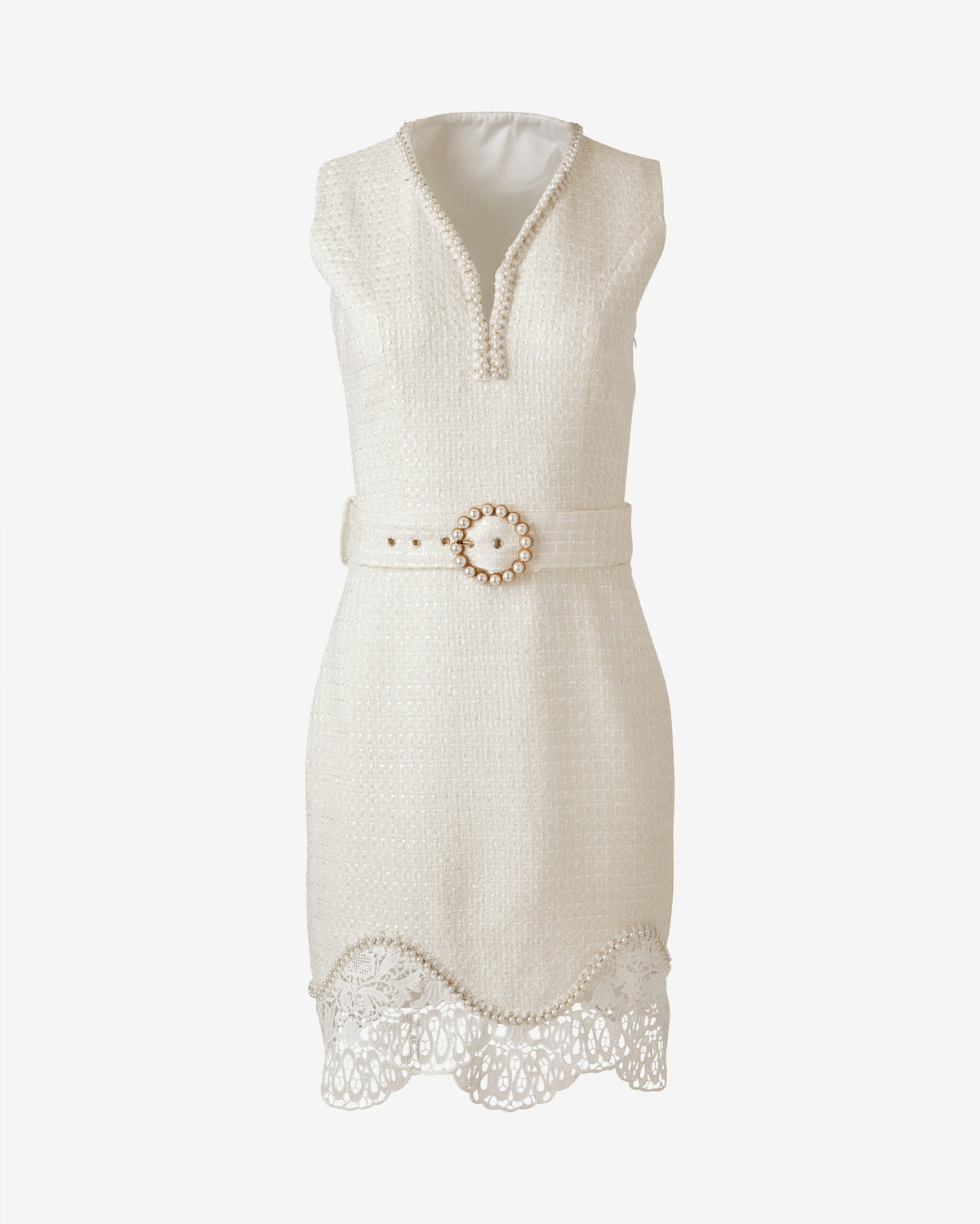 Belted Tweed Embellished Dress Pure White