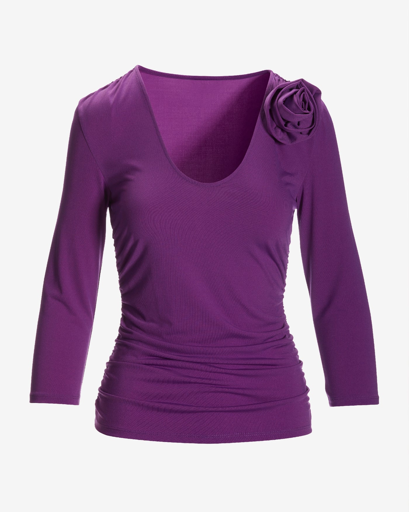 So Chic Ruched Rosette V Neck Knit Top Sparkling Grape