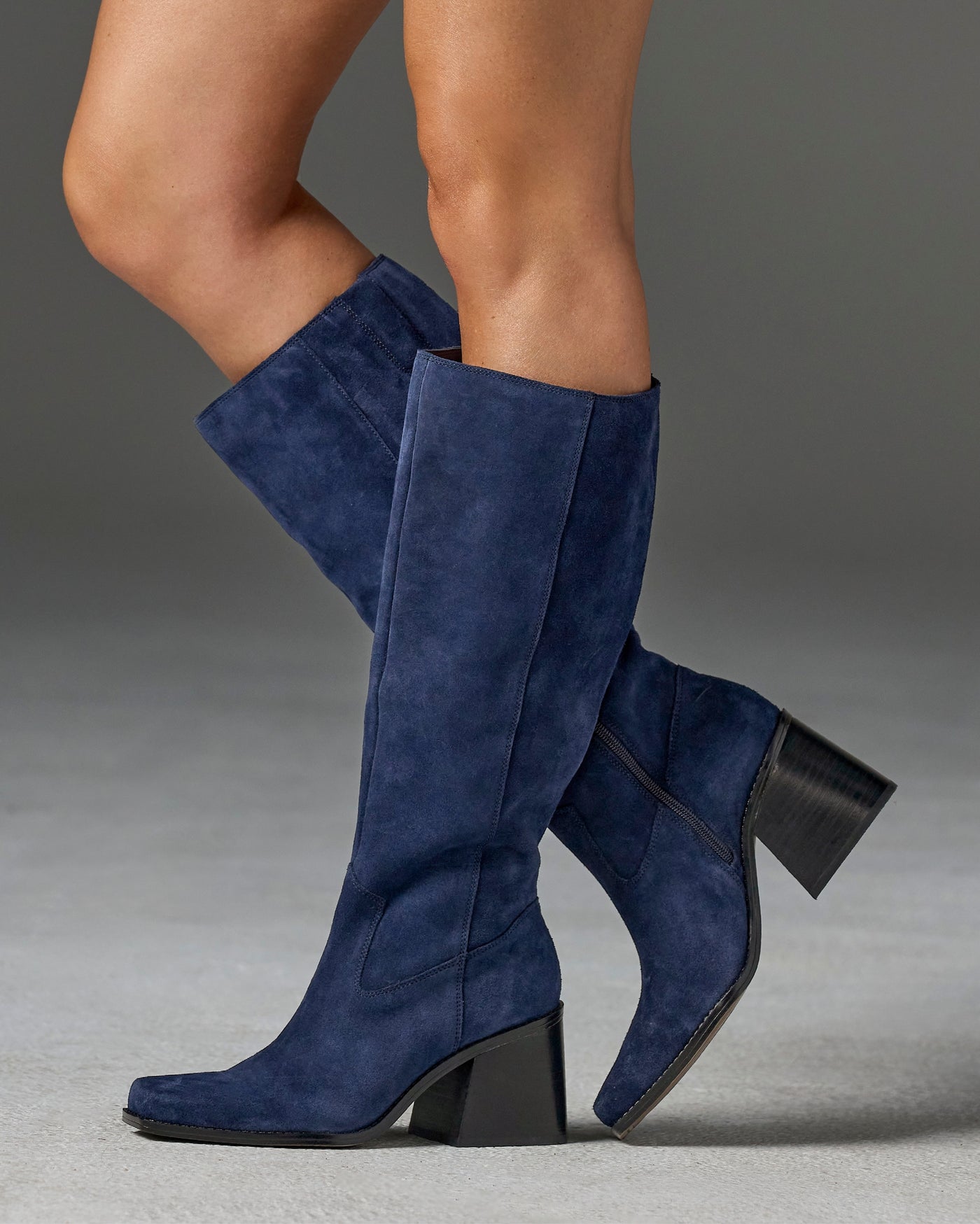 Suede Knee-High Block-Heel Boot Navy