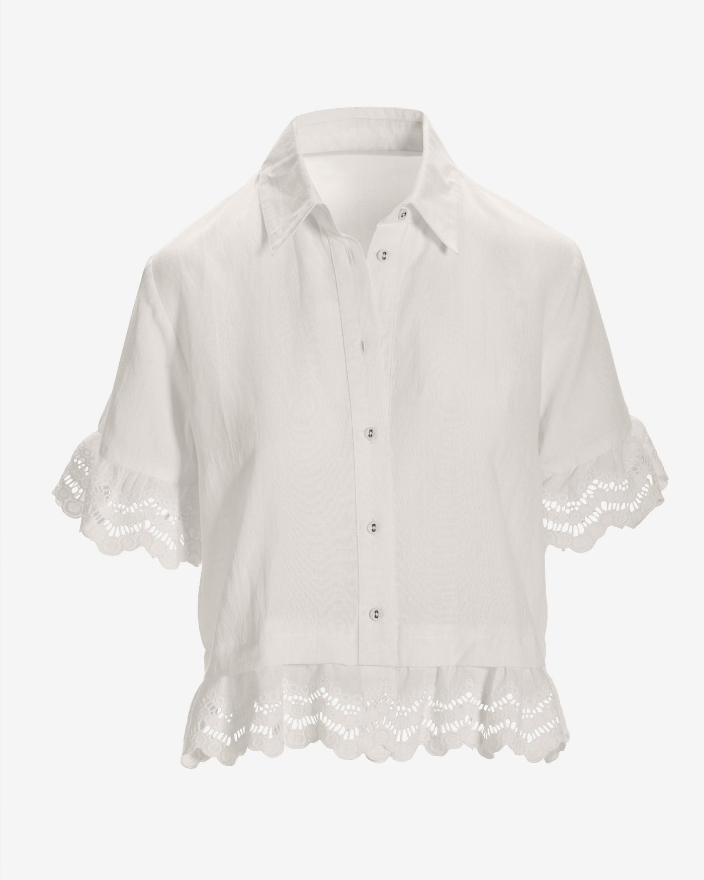 Linen Eyelet Ruffle Top Off White