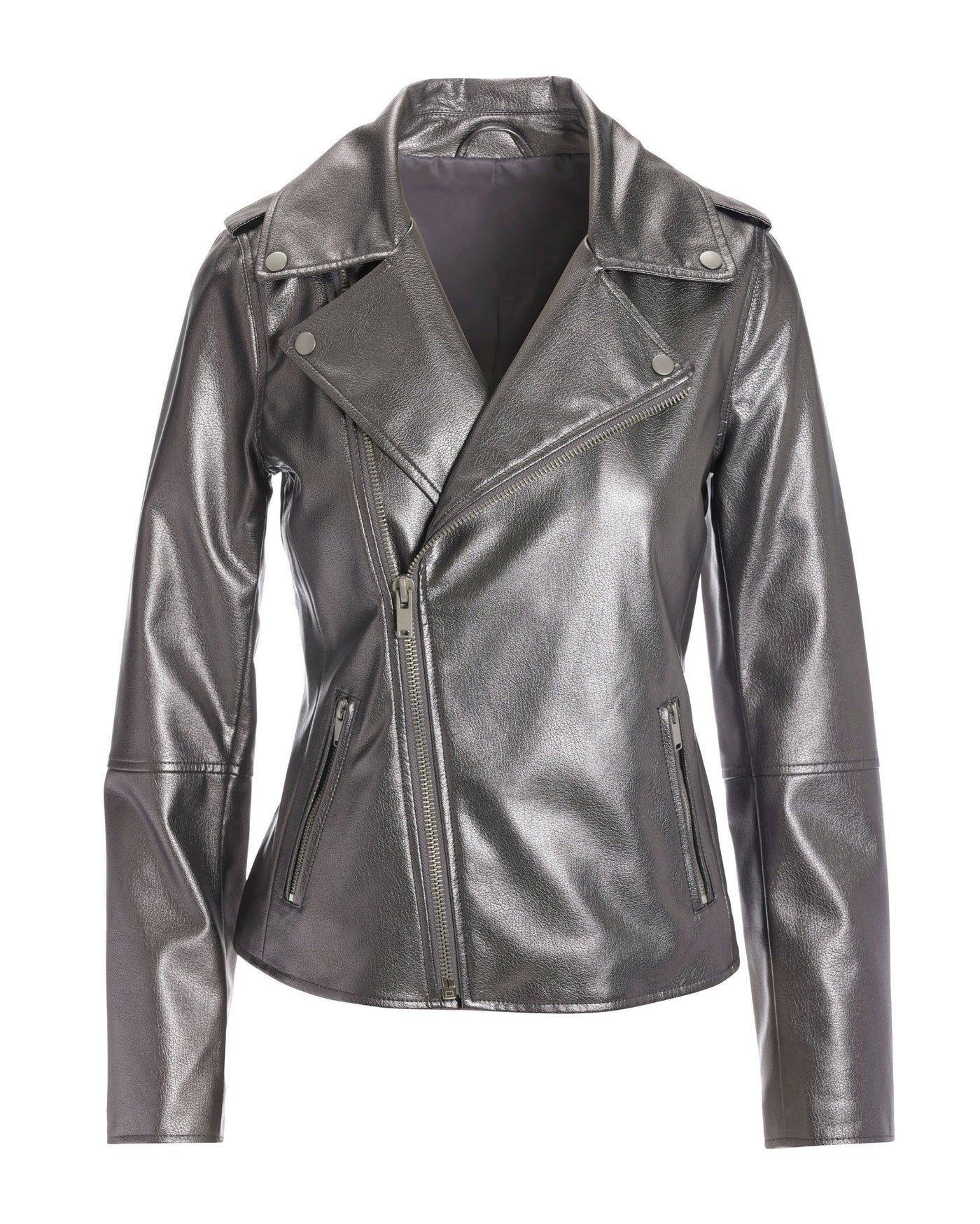 Metallic Faux Leather Moto Jacket Metallic Pewter