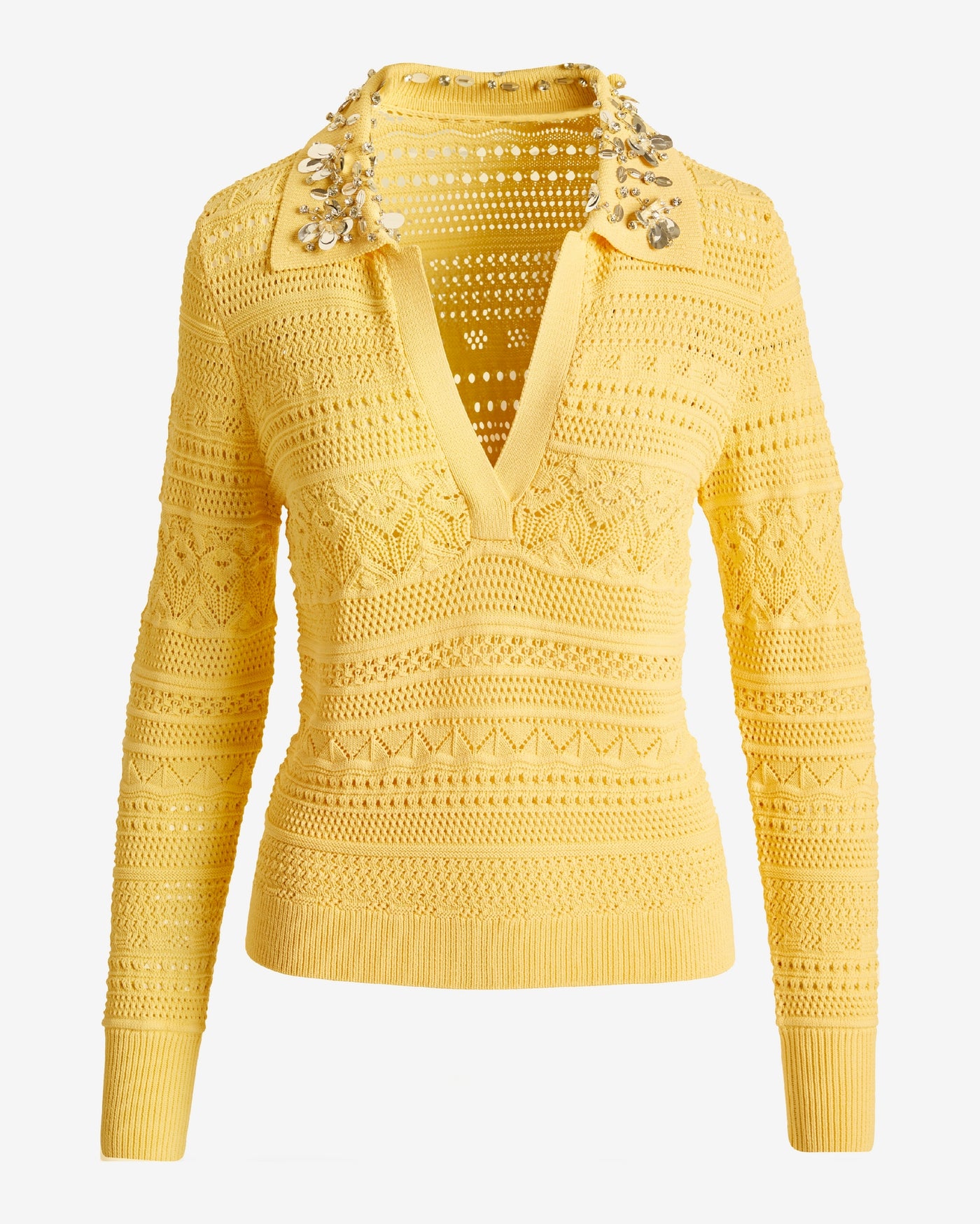 Pointelle Jewel Collared Pull Over Sweater Pale Banana