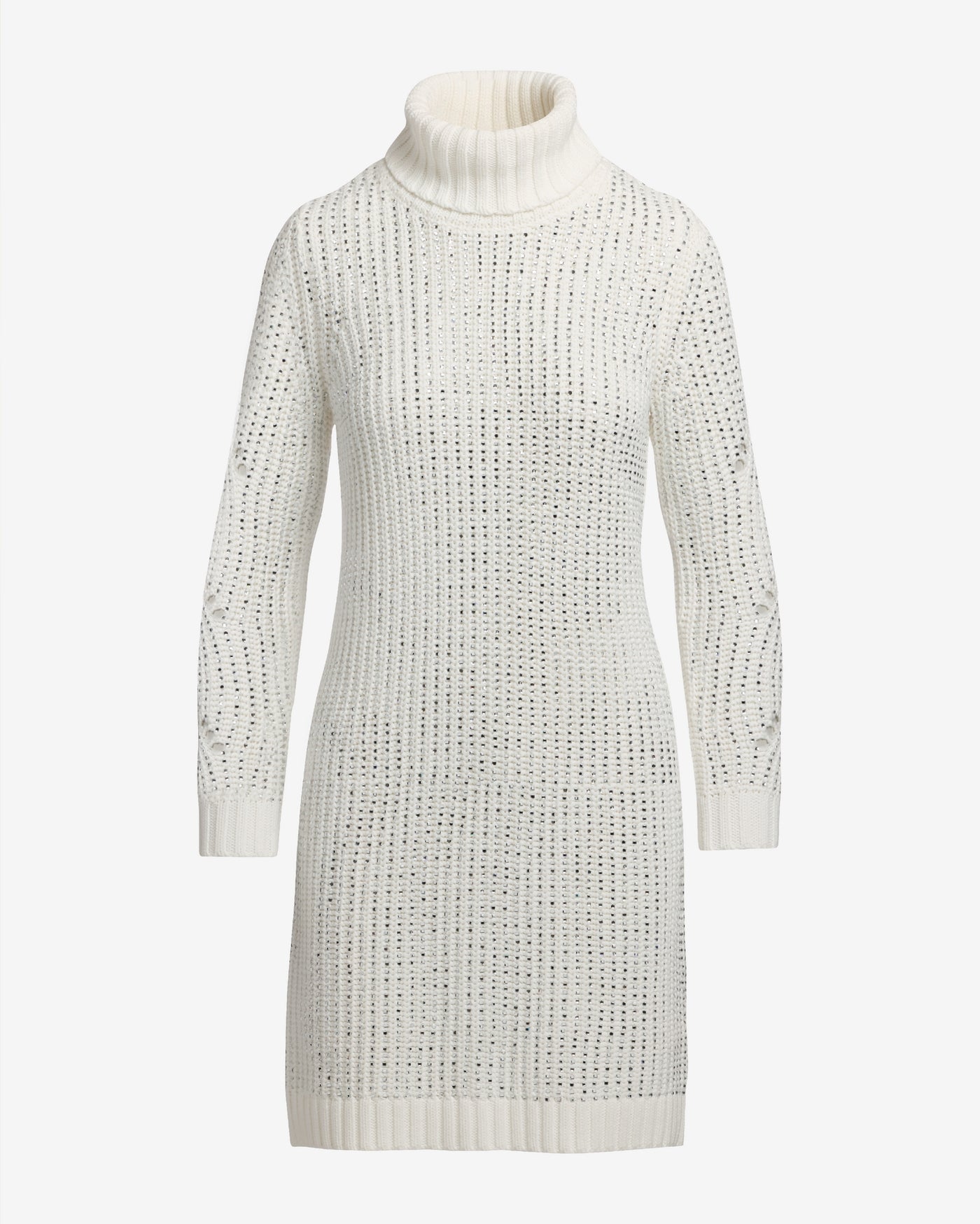 Crystal Embellished Turtleneck Sweater Dress Off White