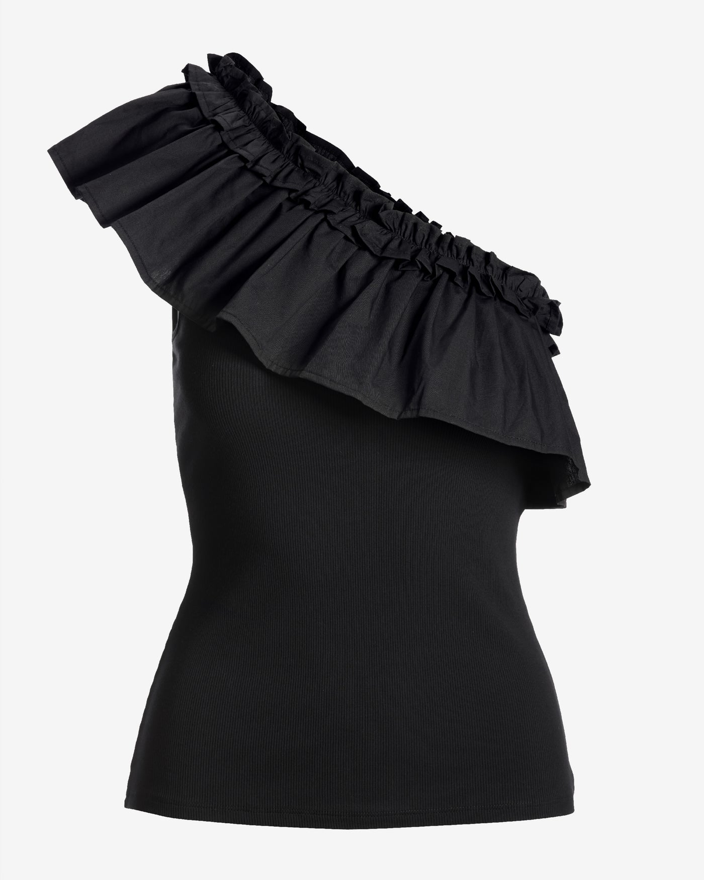 So Essential Ruffle Poplin One-Shoulder Top Proper Black