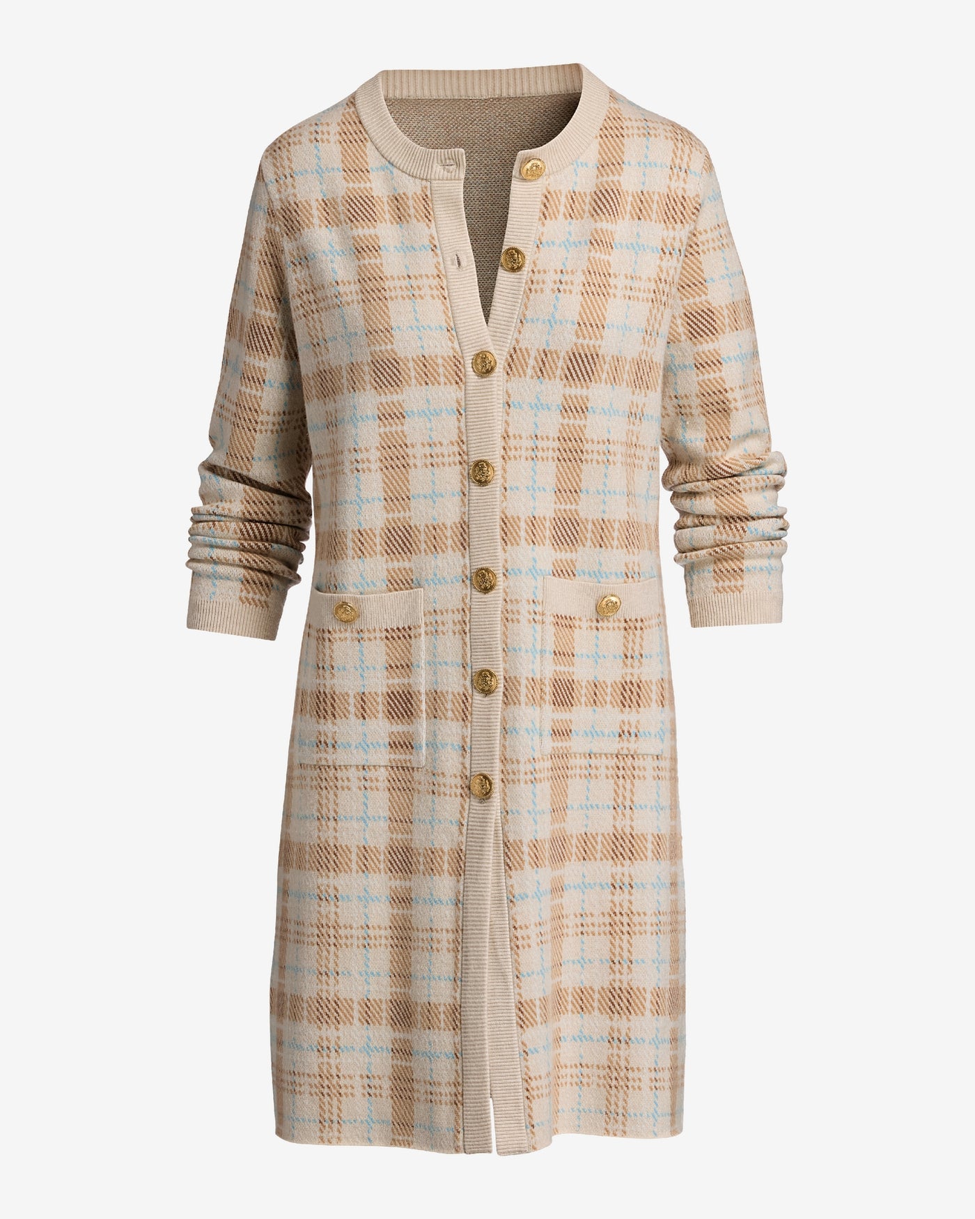 Plaid Crested Button Sweater Duster Cozy Plaid