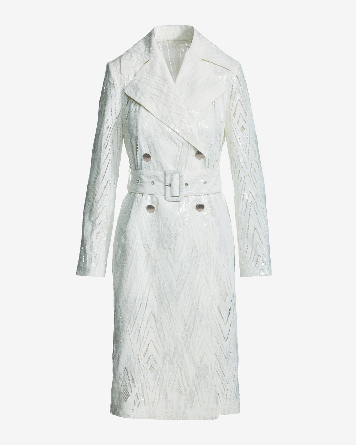 Clear Sequin Coated Lace Feminine Trench Coat White