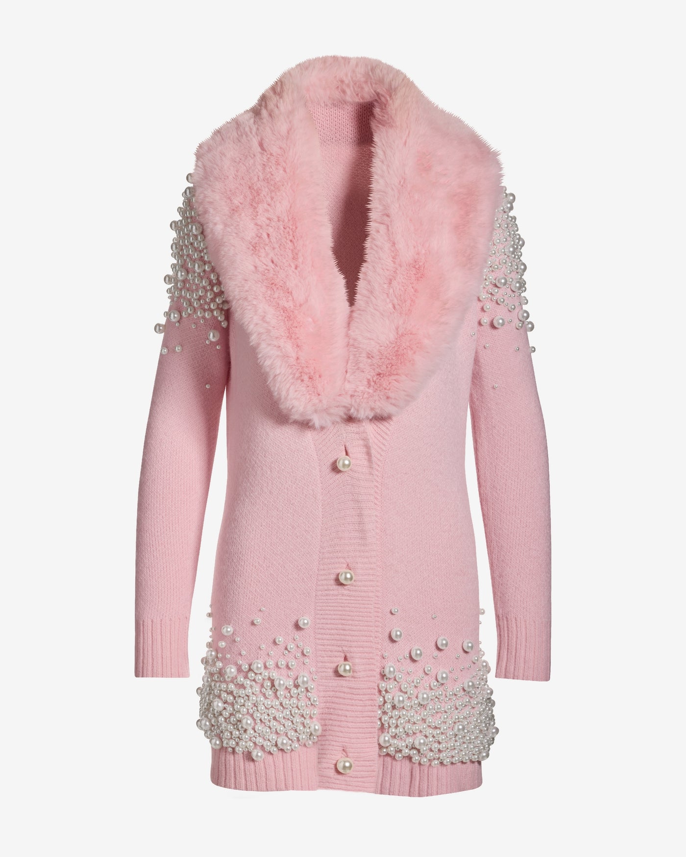 Faux Fur Collar Pearl Embellished Cardigan Sweater Soft Pink