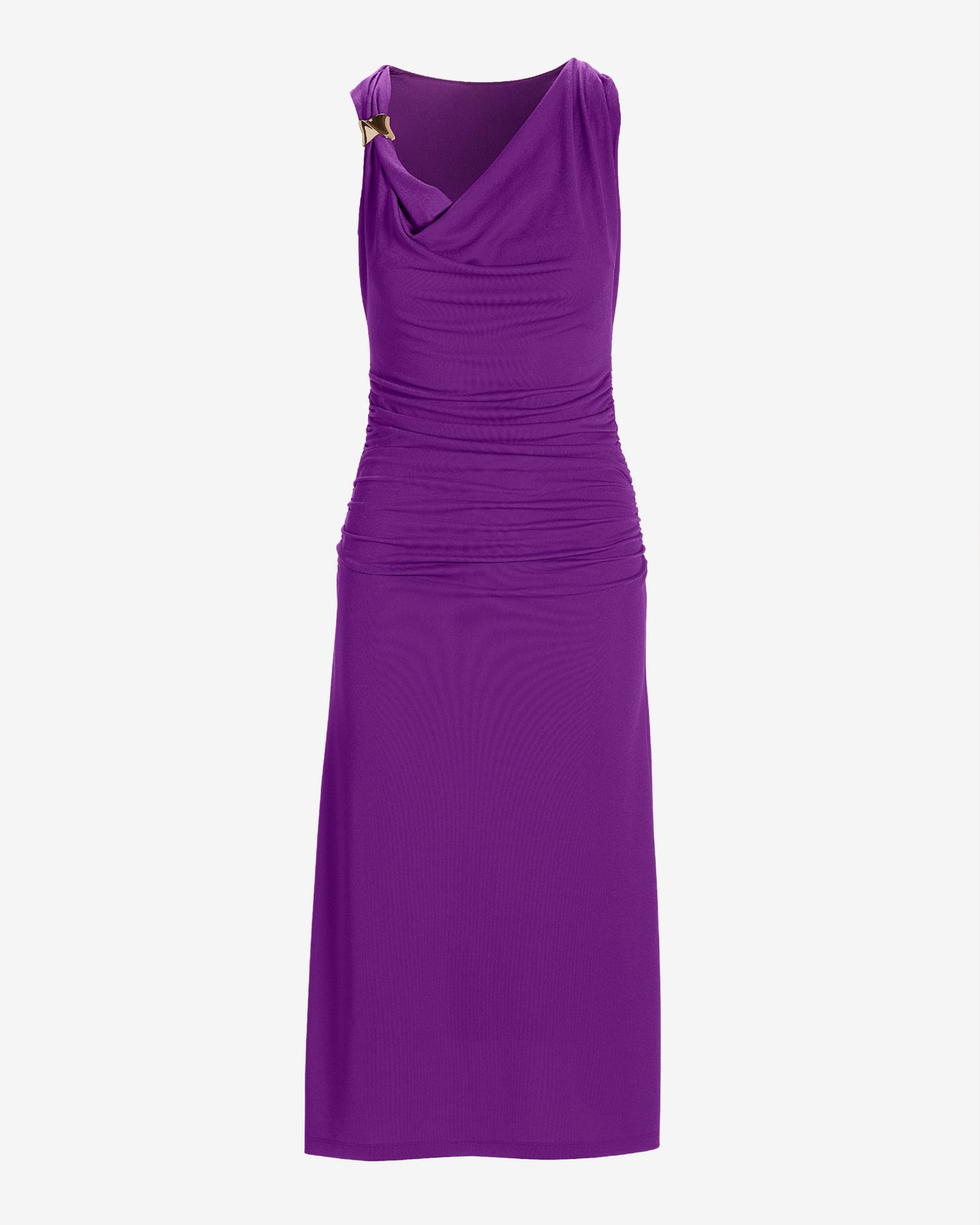 Cowl Neck Hardware Detail Ruched Knit Sheath Dress Bright Violet