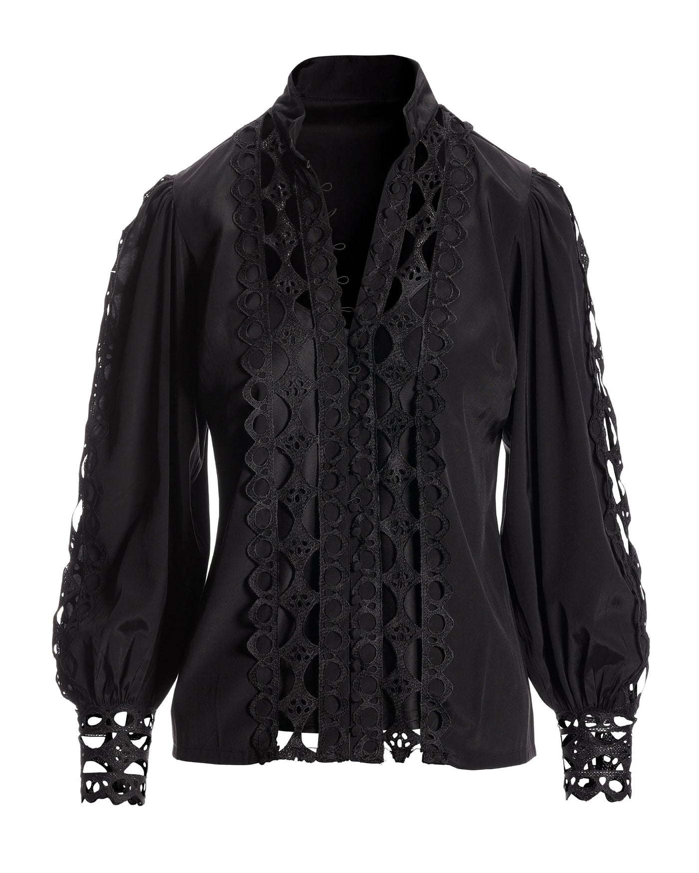 Cutout Lace Button Up Shirt Black