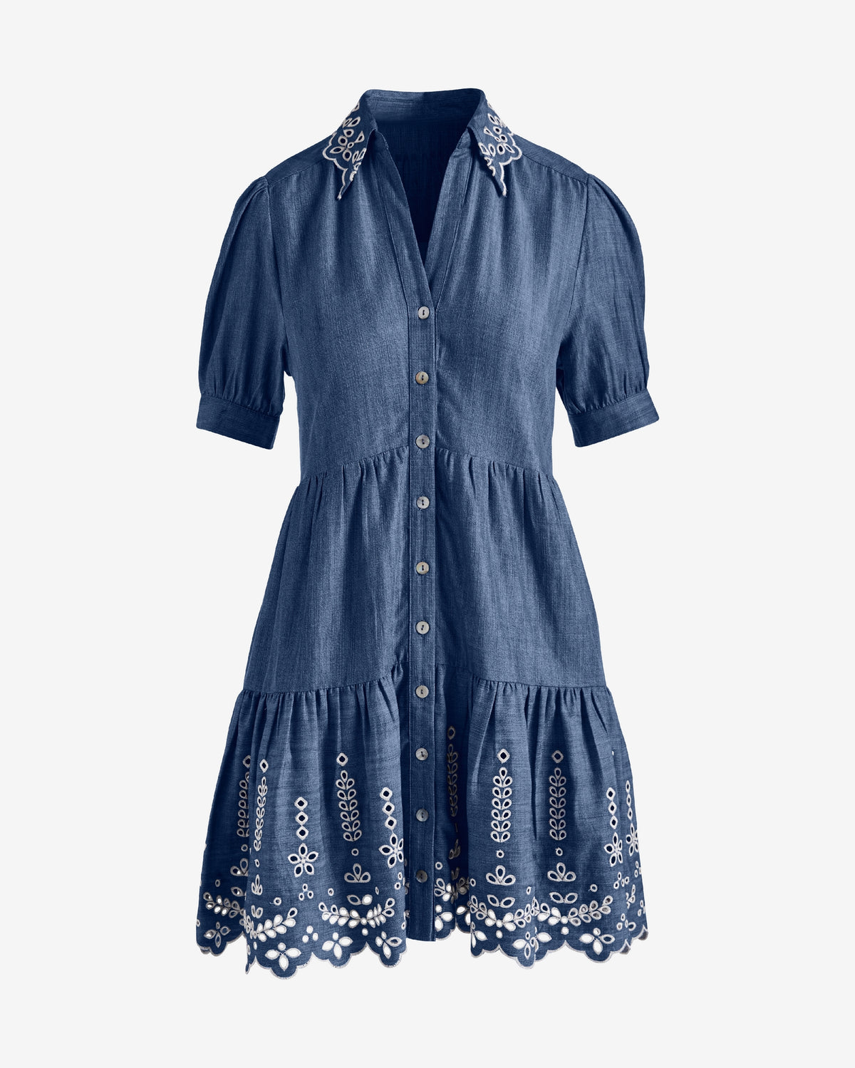 Puff Sleeve Tiered Eyelet Shirt Dress Medium Wash