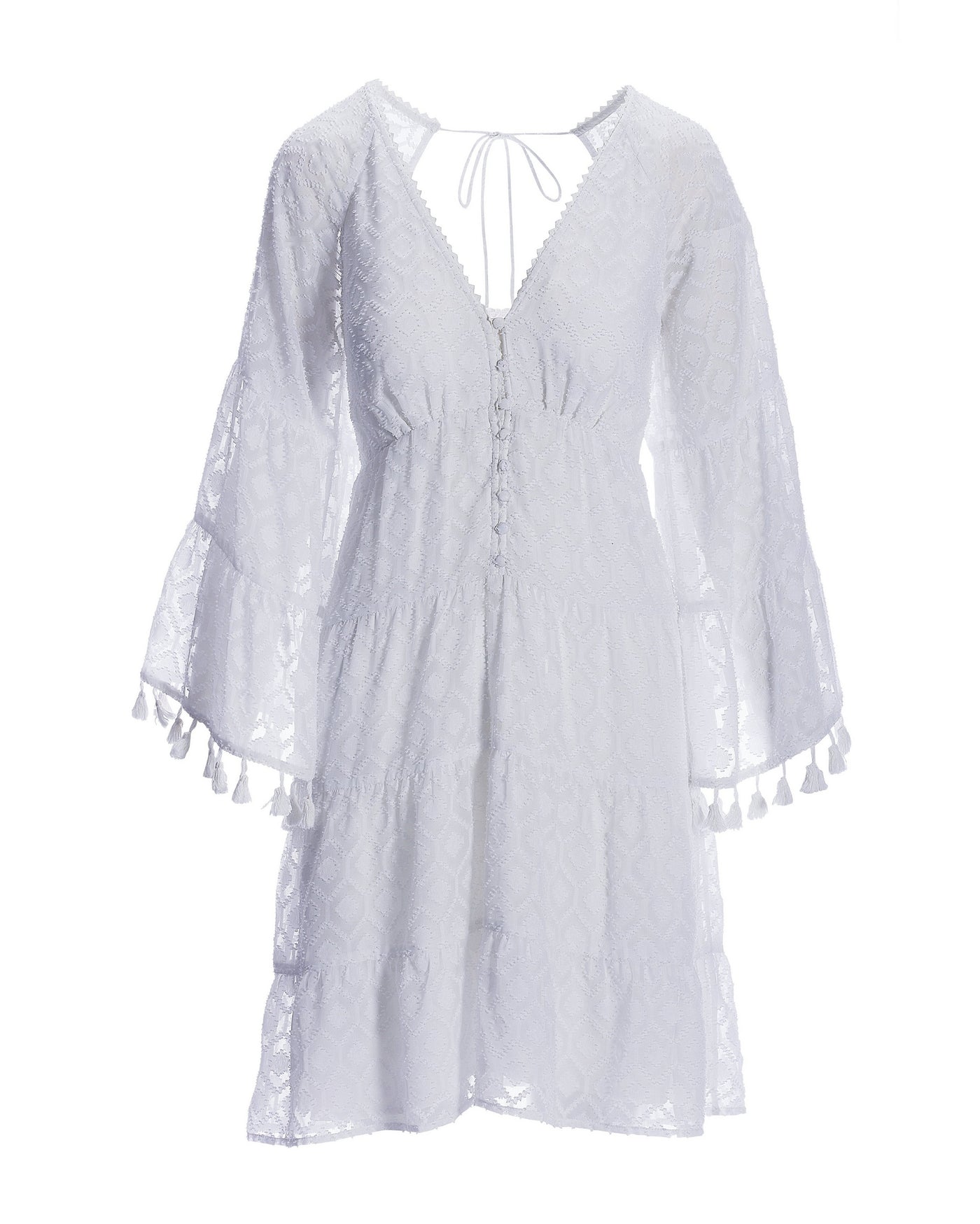 Long Sleeve Novelty Fabric Tassel Trim Dress White