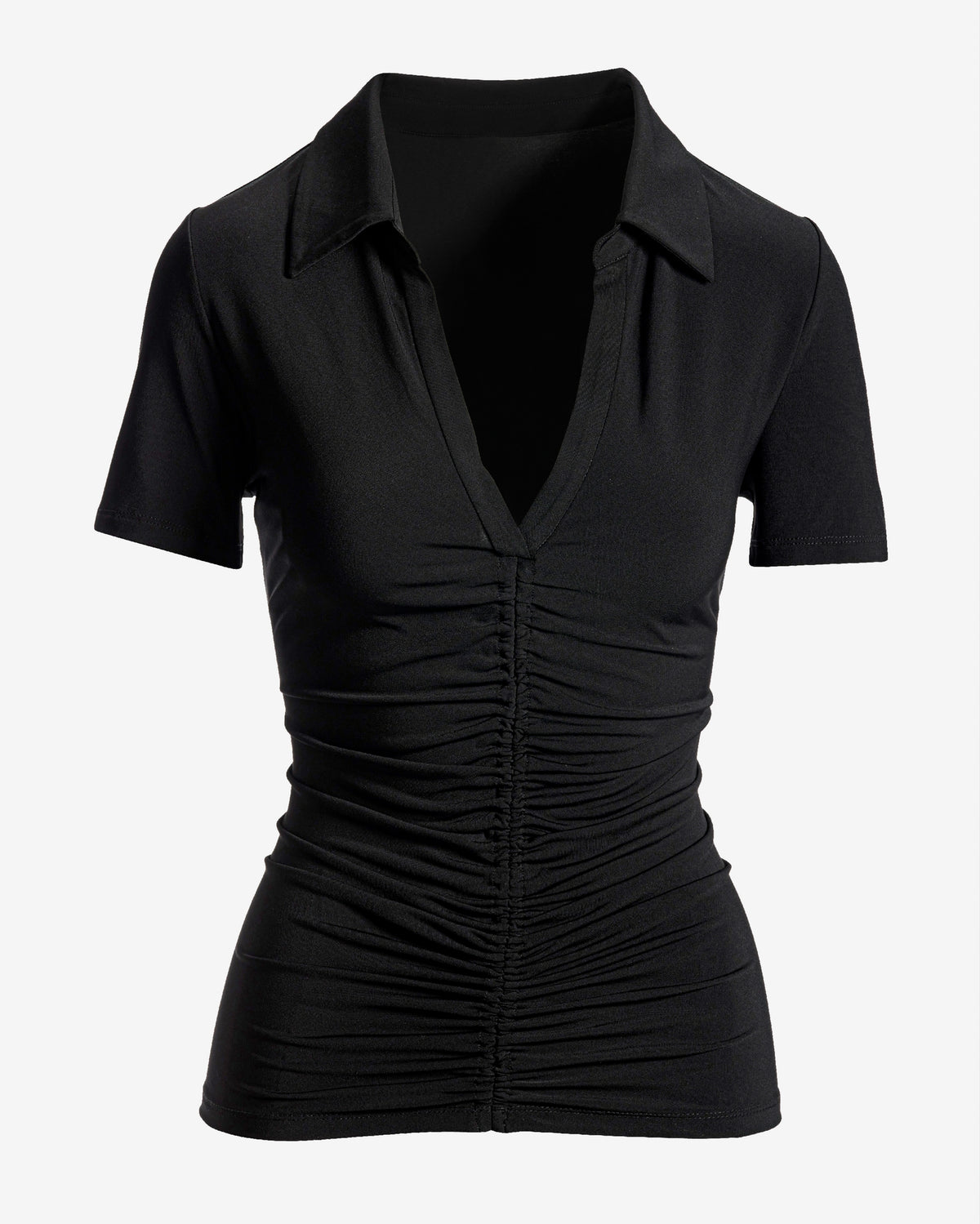 So Chic Collared Ruched Short Sleeve Top Proper Black