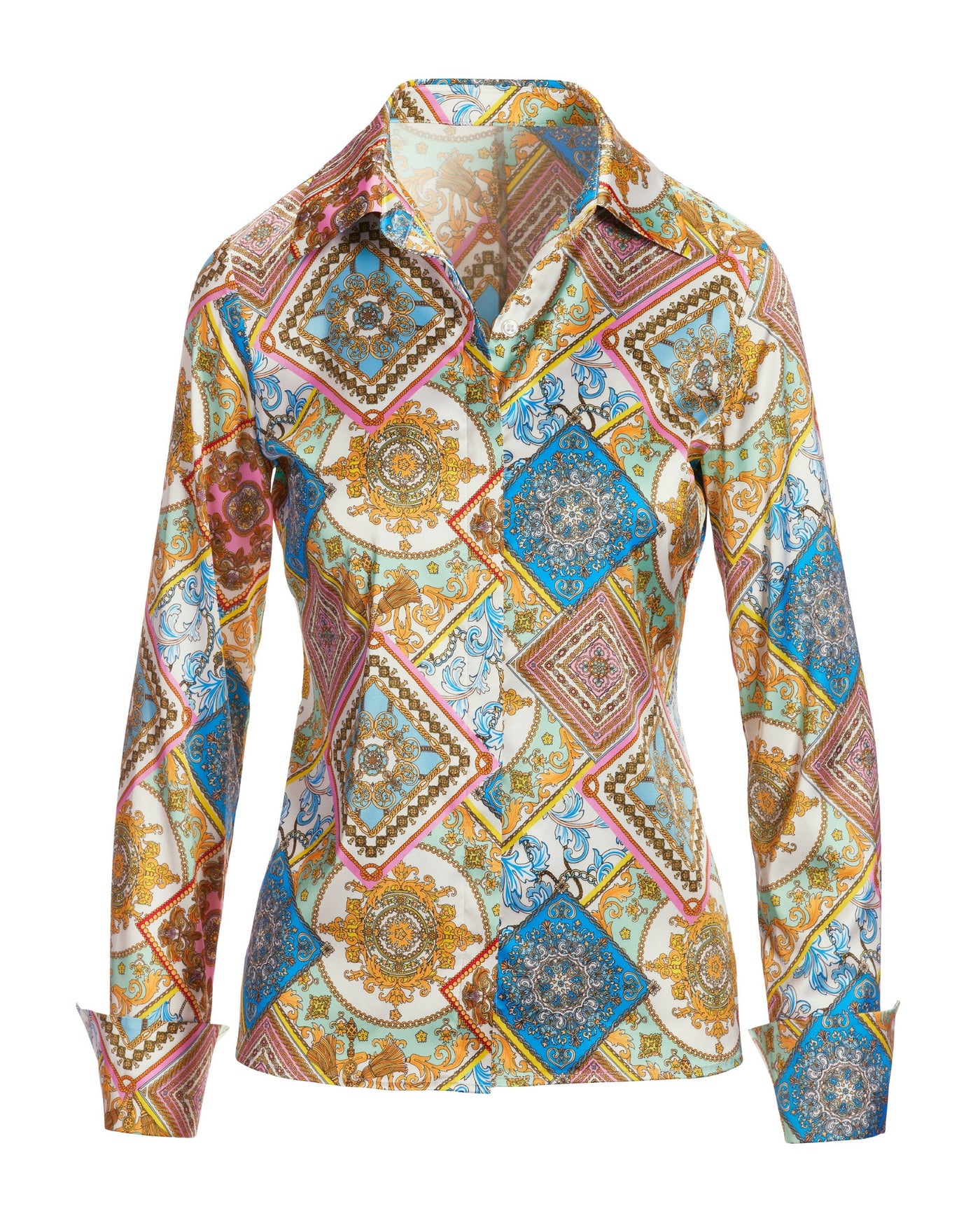 Patchwork Status Sophia Button Up Charmeuse Blouse Multi