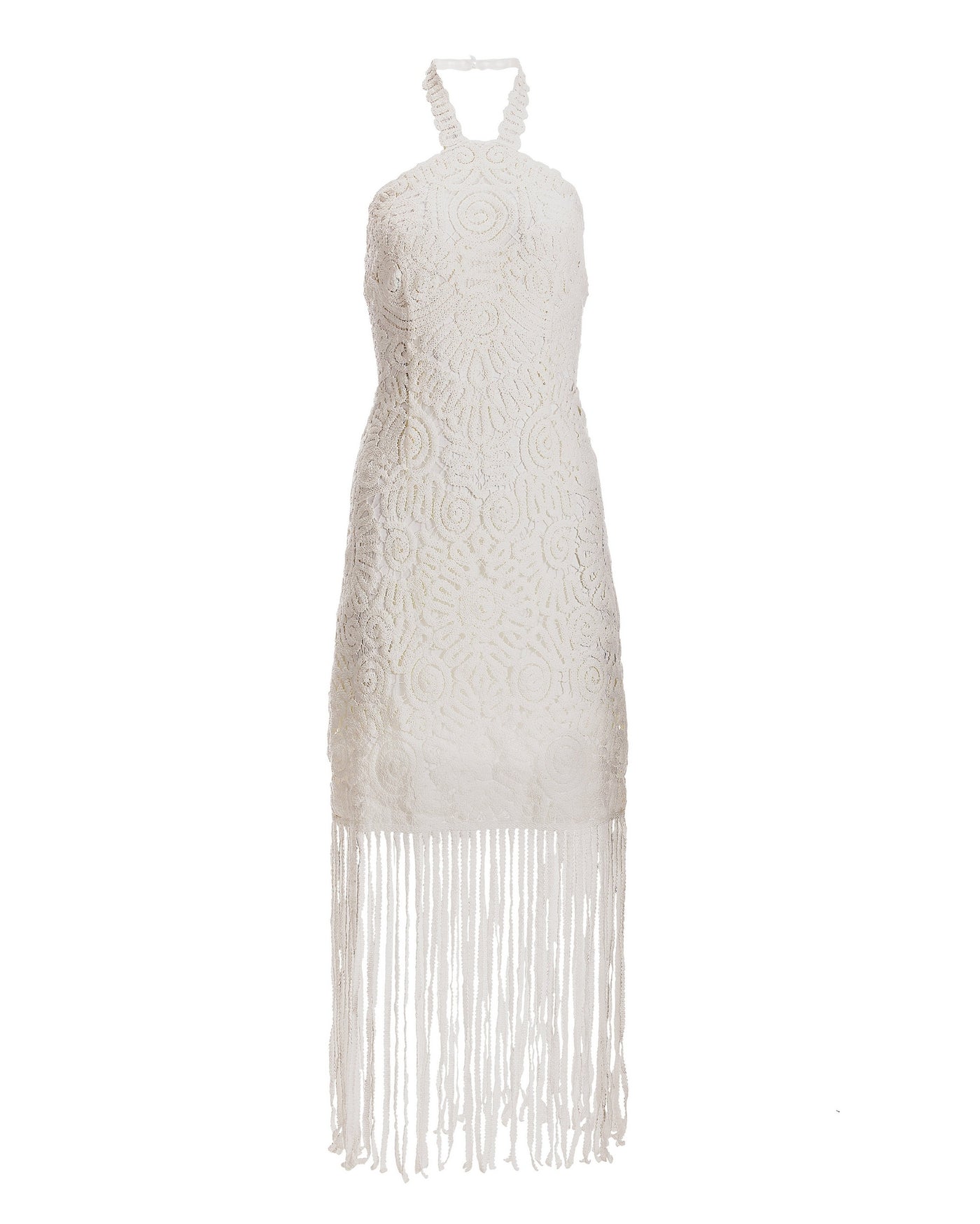 Crochet Fringe Halter Dress White
