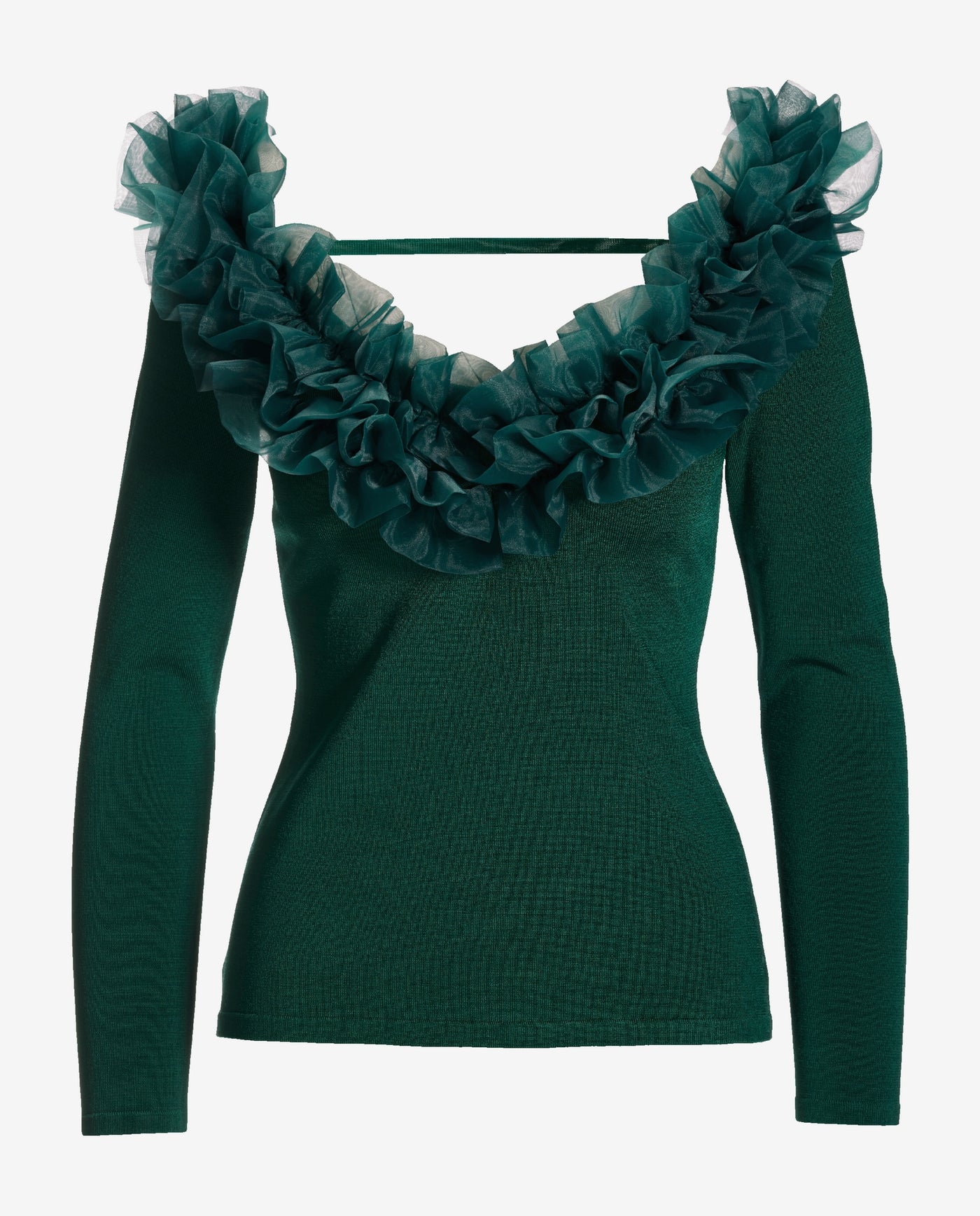 Organza Ruffle V Neck Sweater Deep Emerald