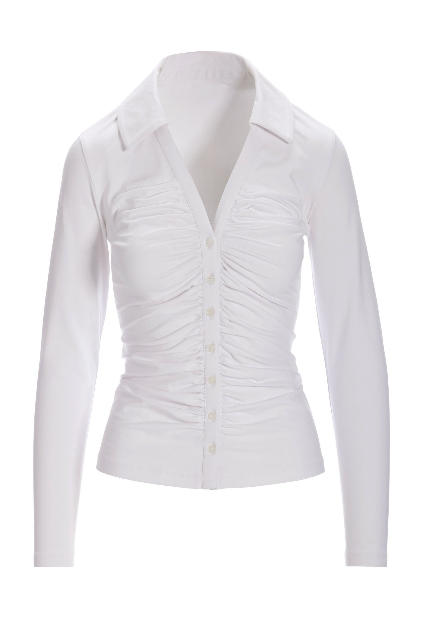 Collared Ruched Button Down Knit Top White