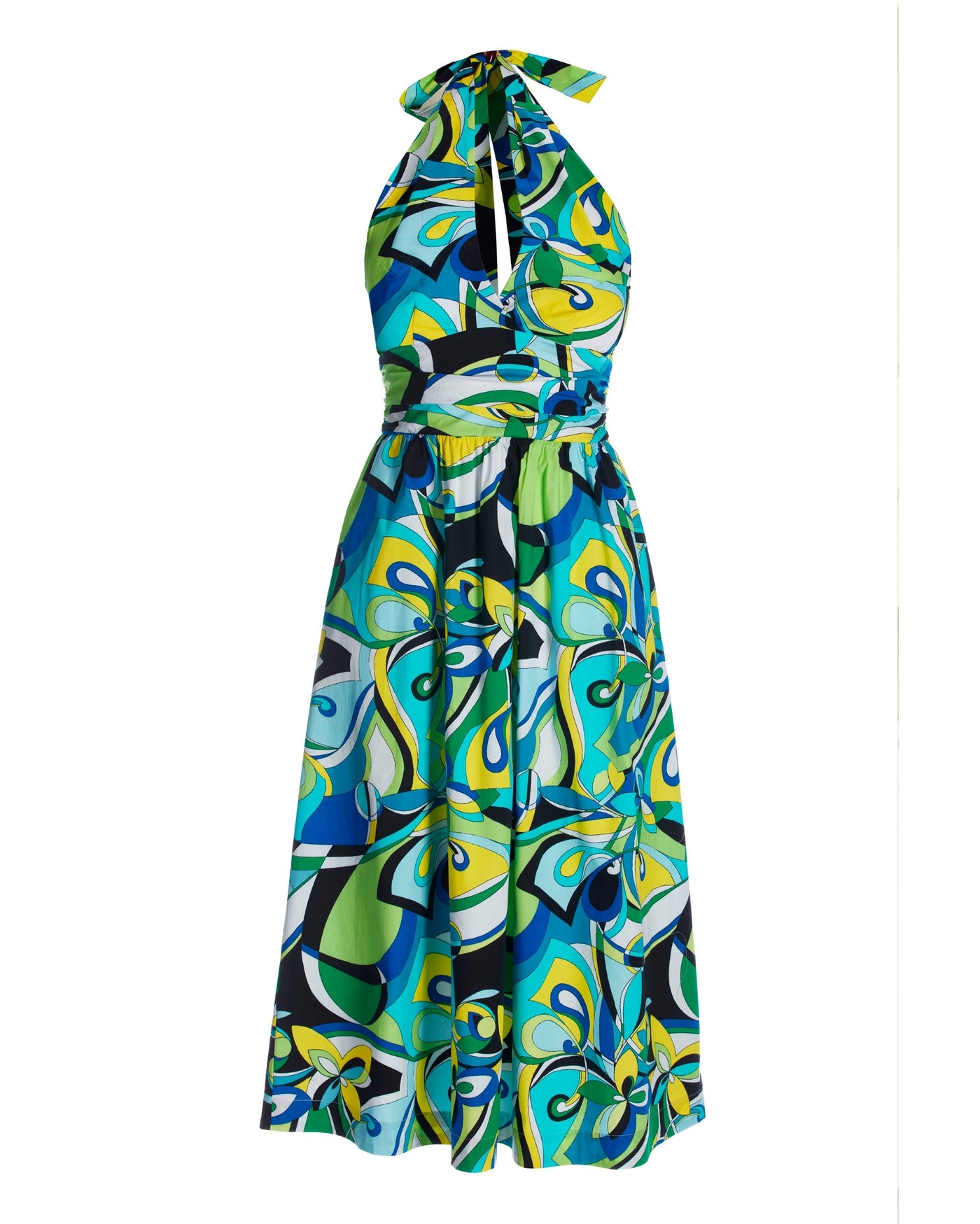Valencia Abstract Print Halter Fit and Flare Midi Dress Blue Green