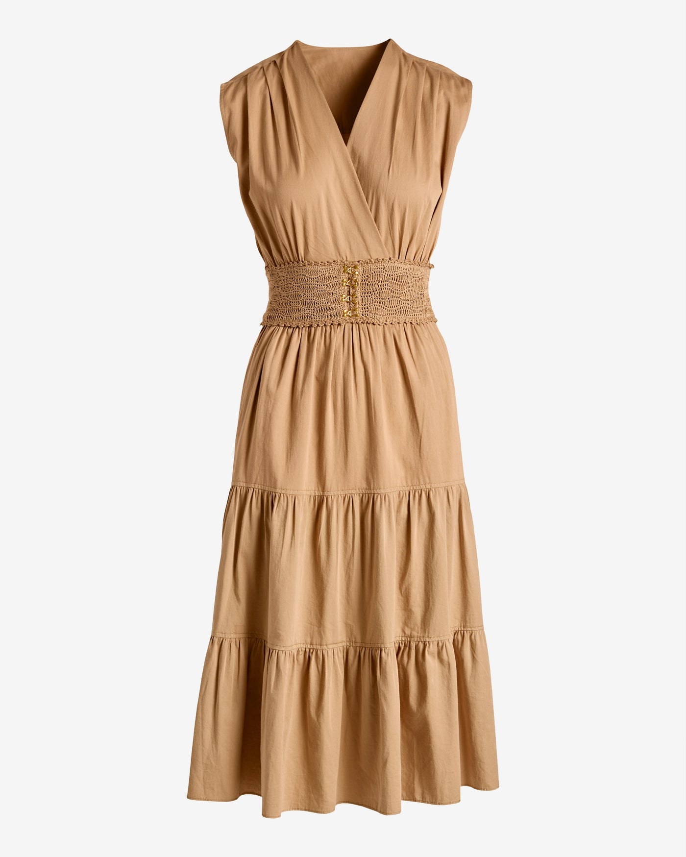 Crochet Trim Poplin Tiered Midi Dress Iced Coffee