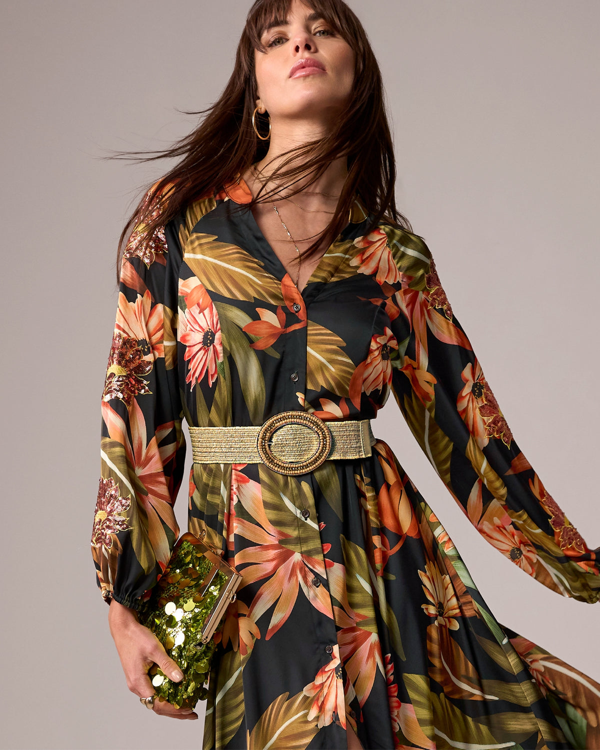Beaded Circle Buckle Raffia Belt Natural