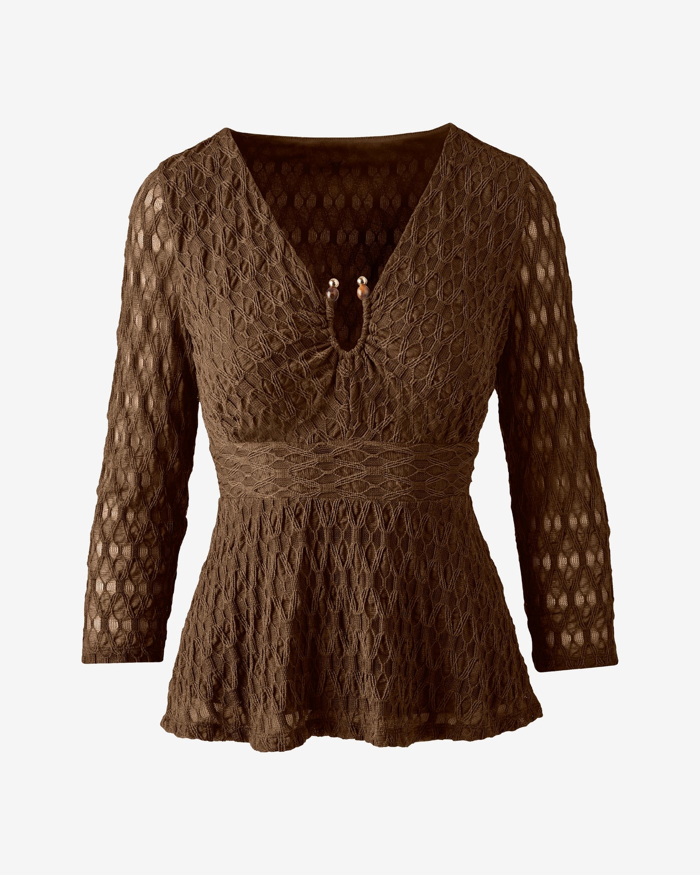 Textured Knit Top with Beaded Neck Detail Safari Brown