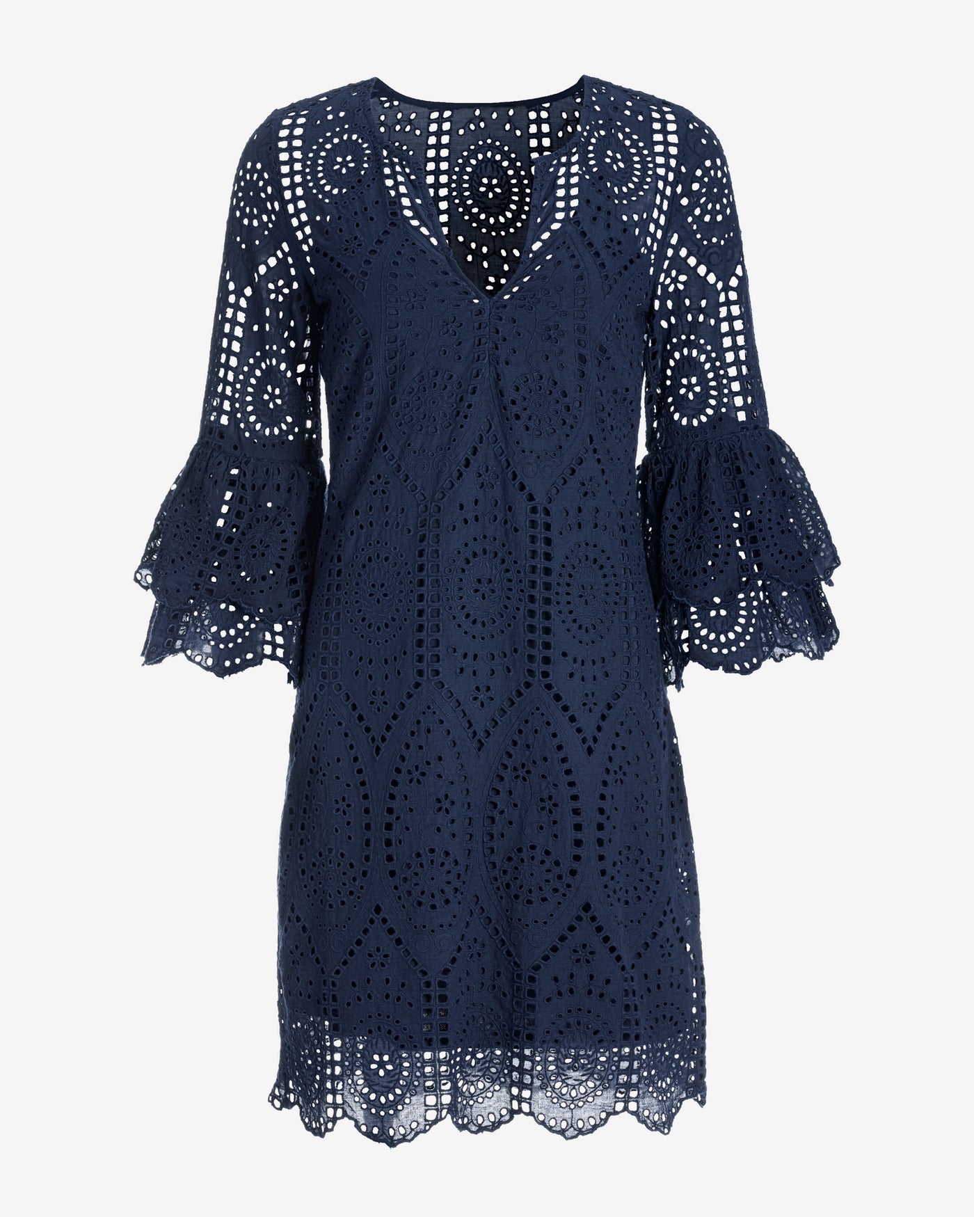 Eyelet Tiered Sleeve Tunic Dress Navy