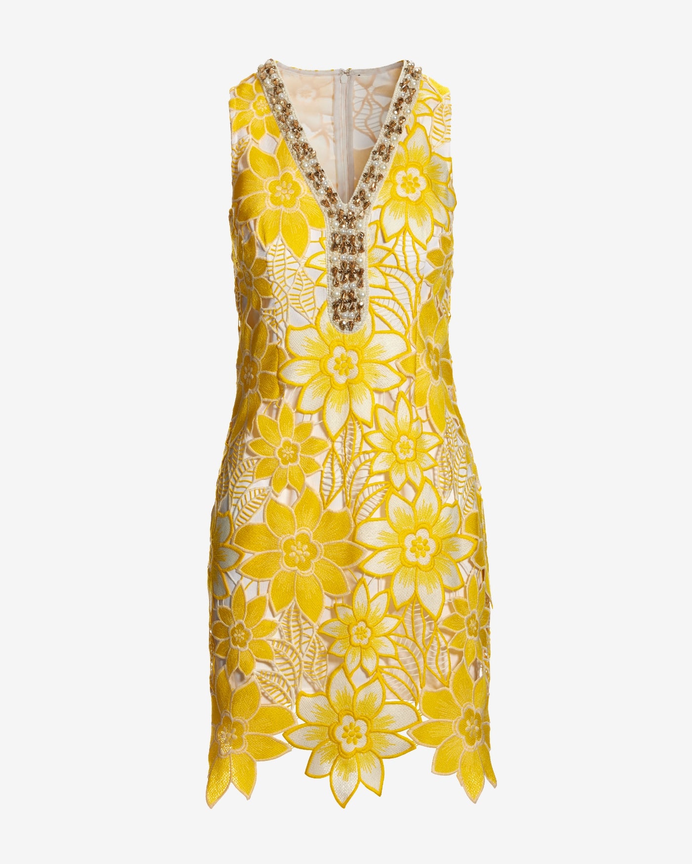 Embellished Neckline Two Tone Lace Shift Dress Yellow Multi