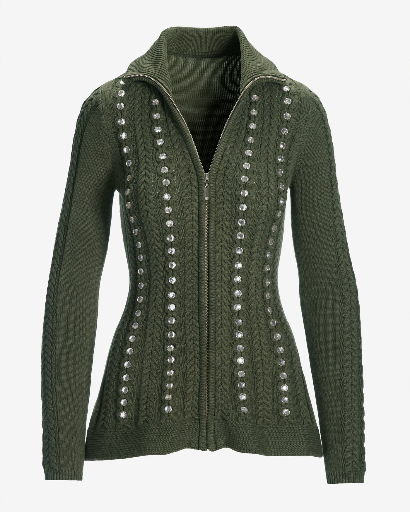 Turtleneck Zip Up Cable Embellished Cardigan Sweater Olive Night