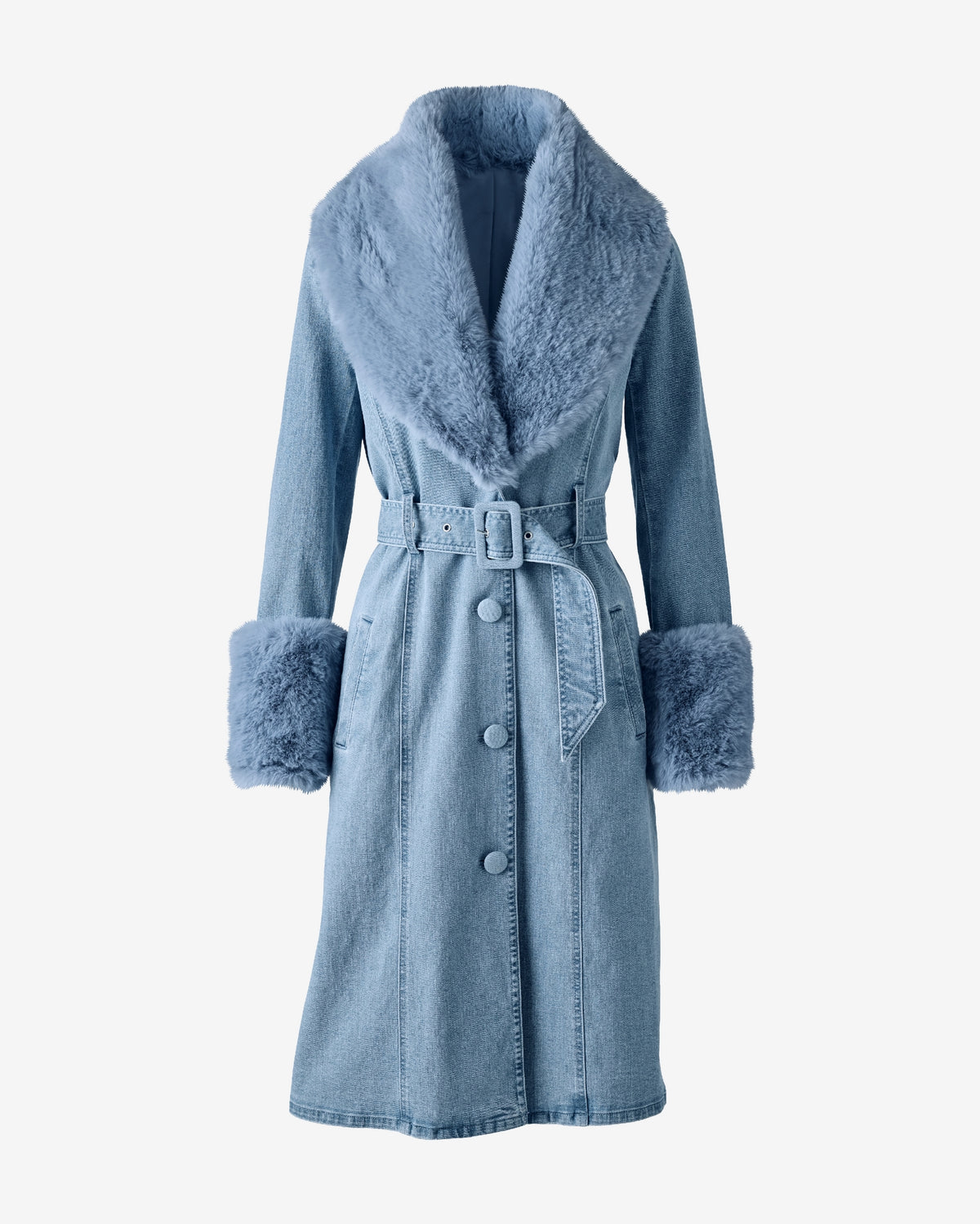 Fur Trimmed Denim Trench Denim/Medium Wash