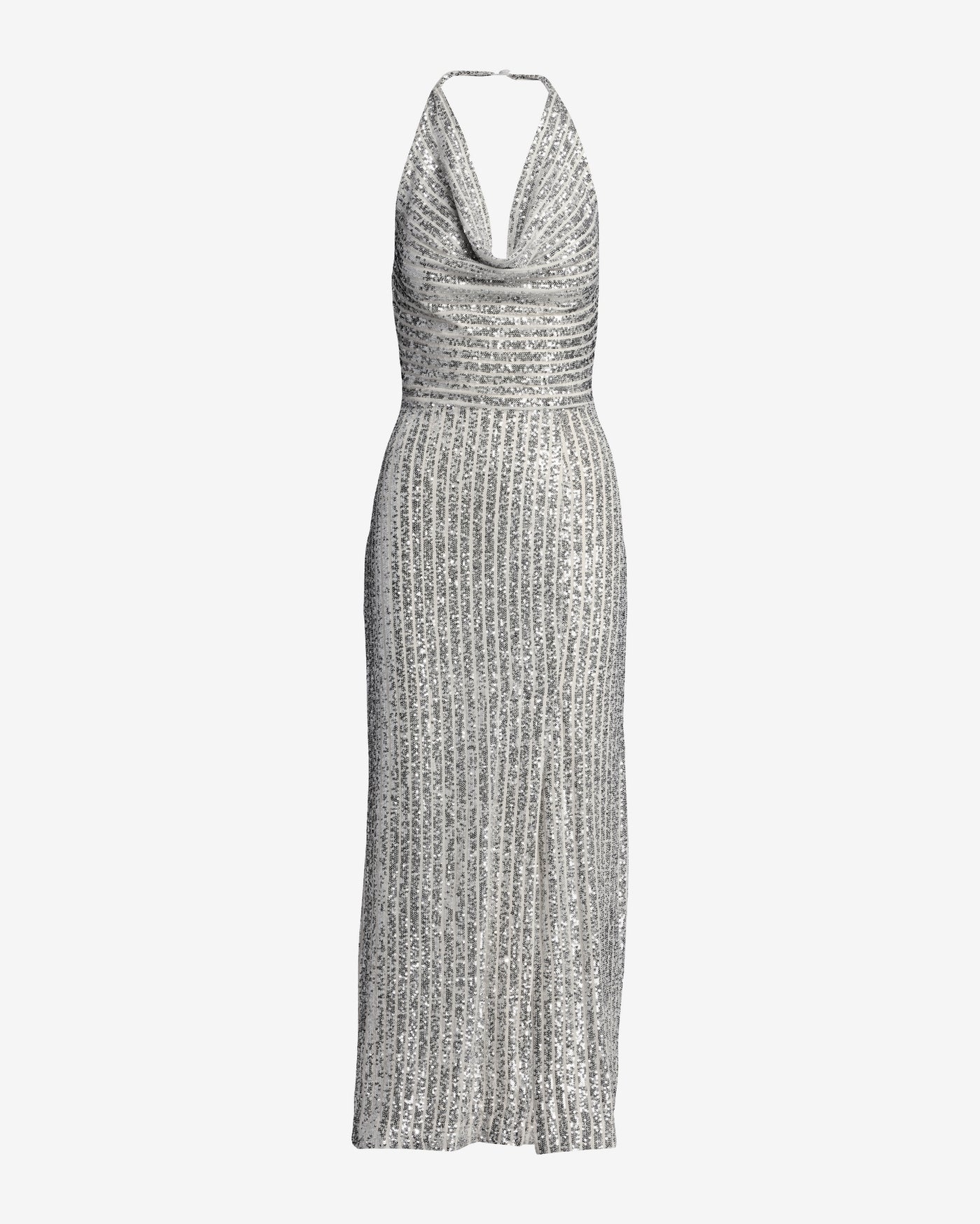 Sequin Rib Cowl Neck Slit Gown Silver
