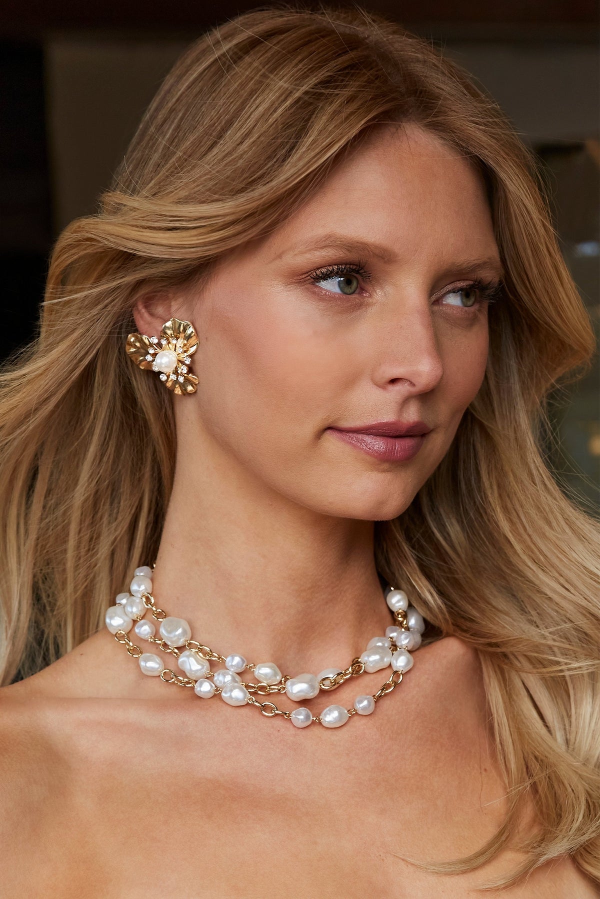 Pearl Flower Stud Statement Earring Gold