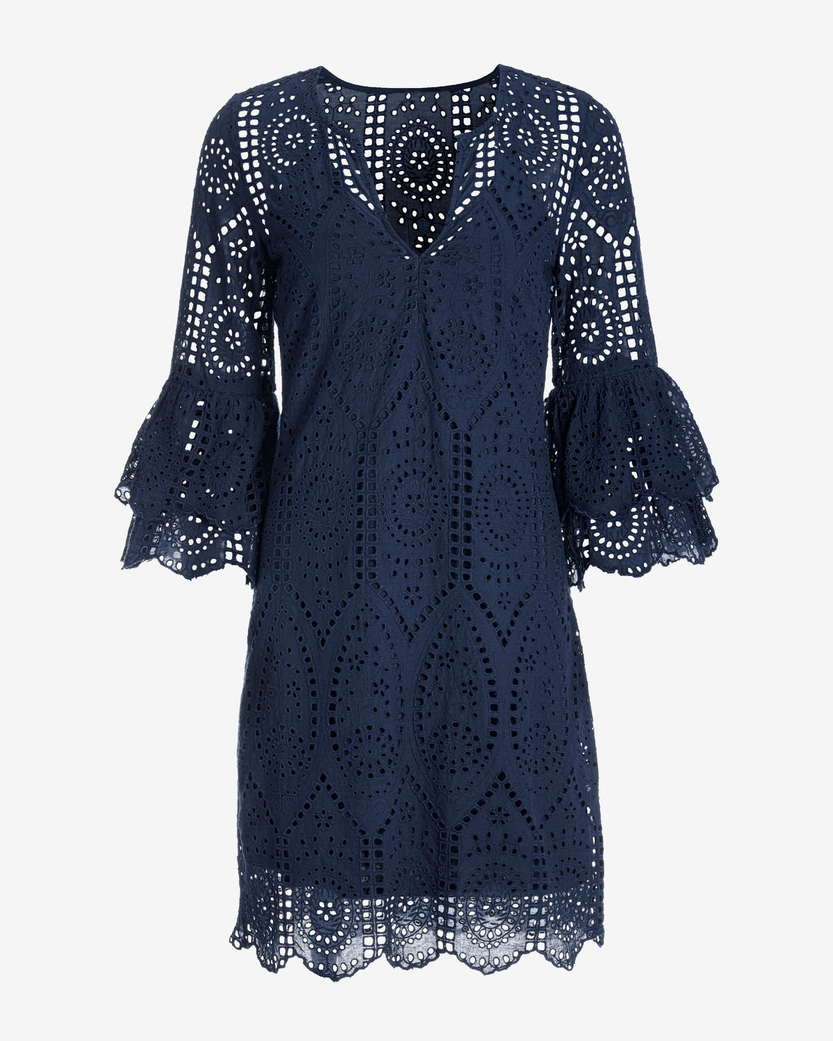 Eyelet Tiered Sleeve Tunic Dress Navy