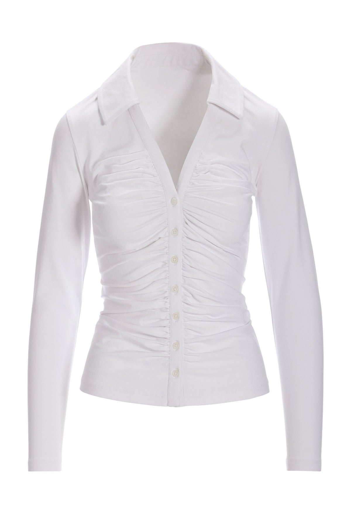 Collared Ruched Button Down Knit Top White