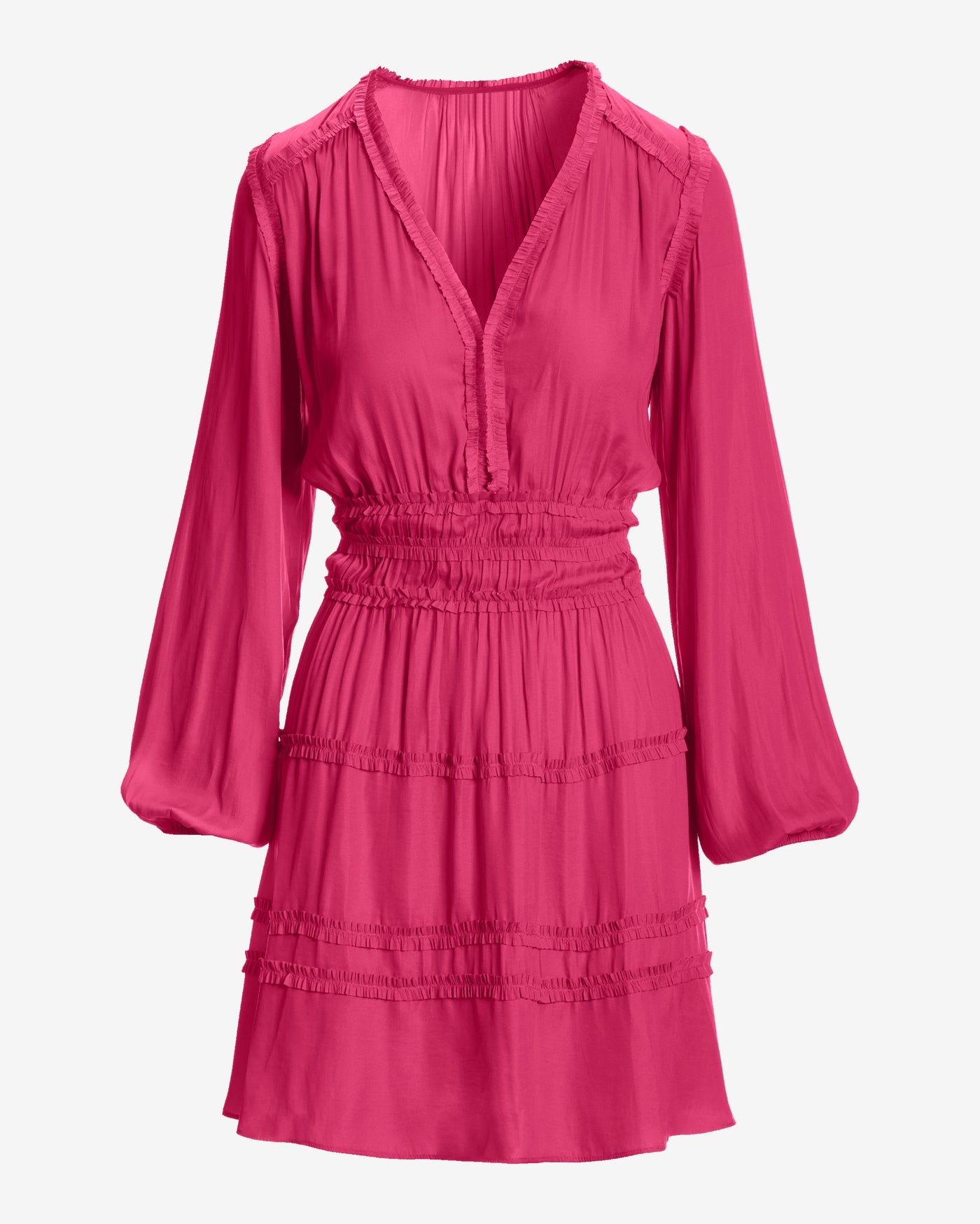 Long-Sleeve Ruffle-Trim Charmeuse Dress Blossom