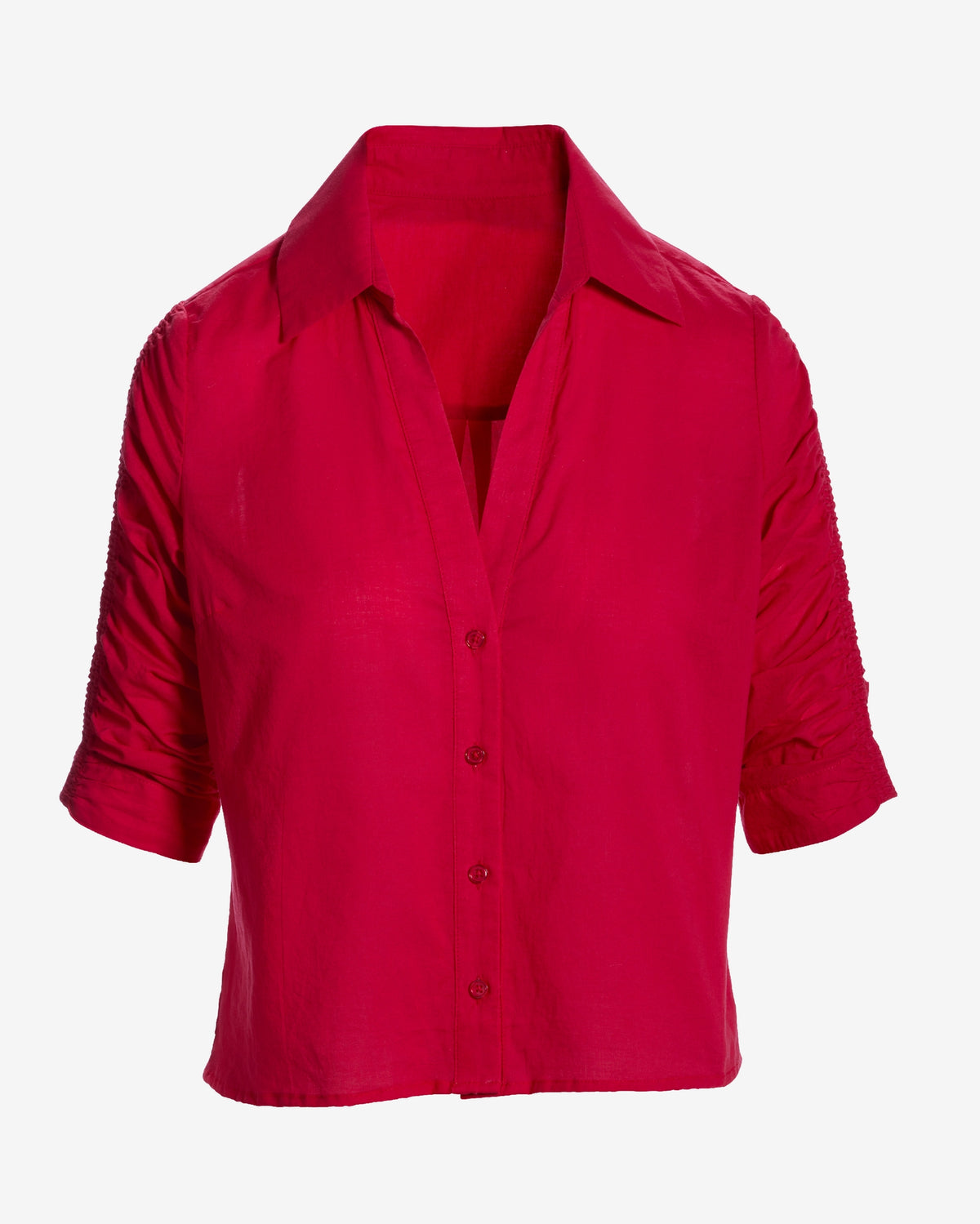 Ruched Sleeve Button Up Shirt True Red