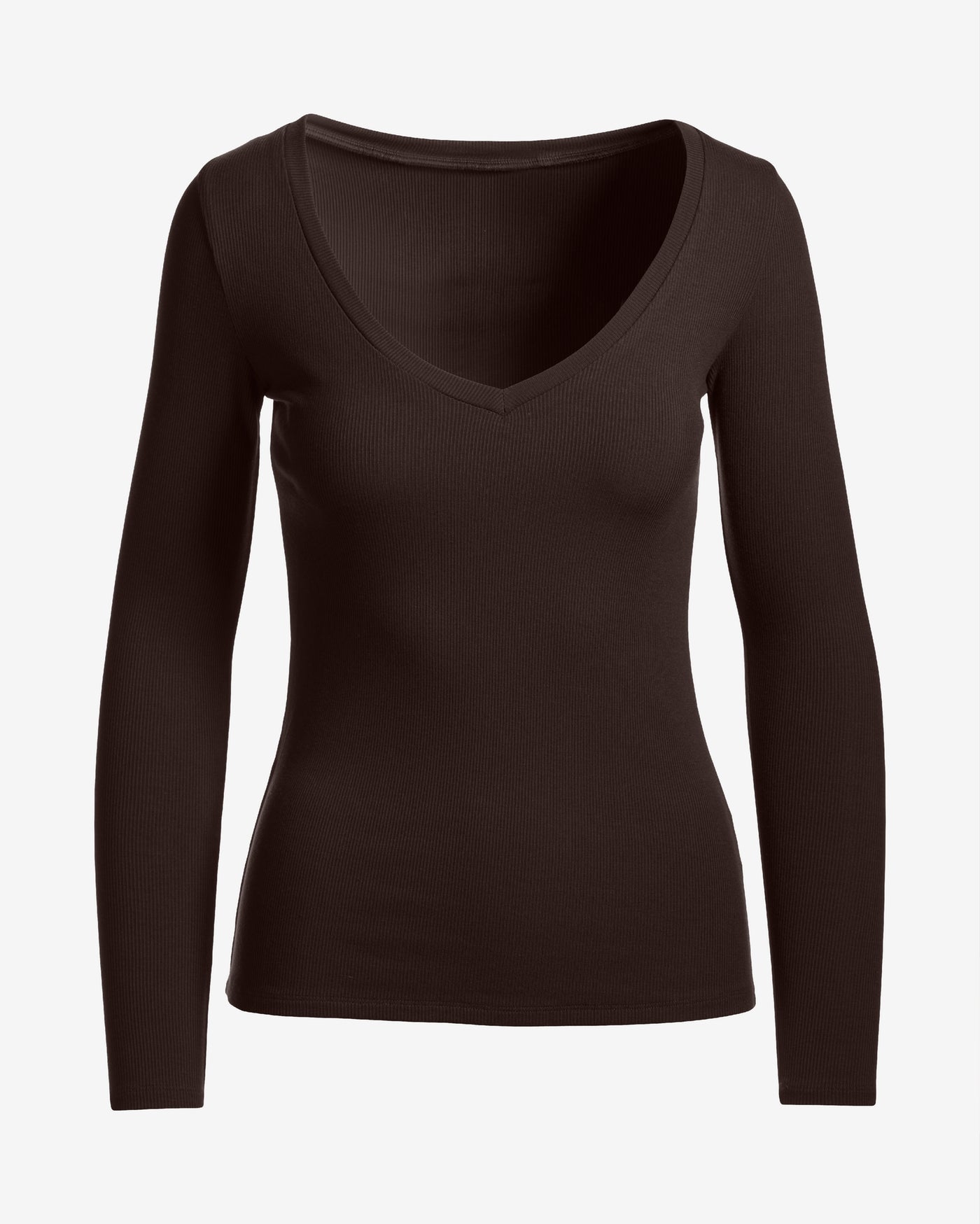 So Essential Ribbed V Neck Long Sleeve Top Chocolate Torte