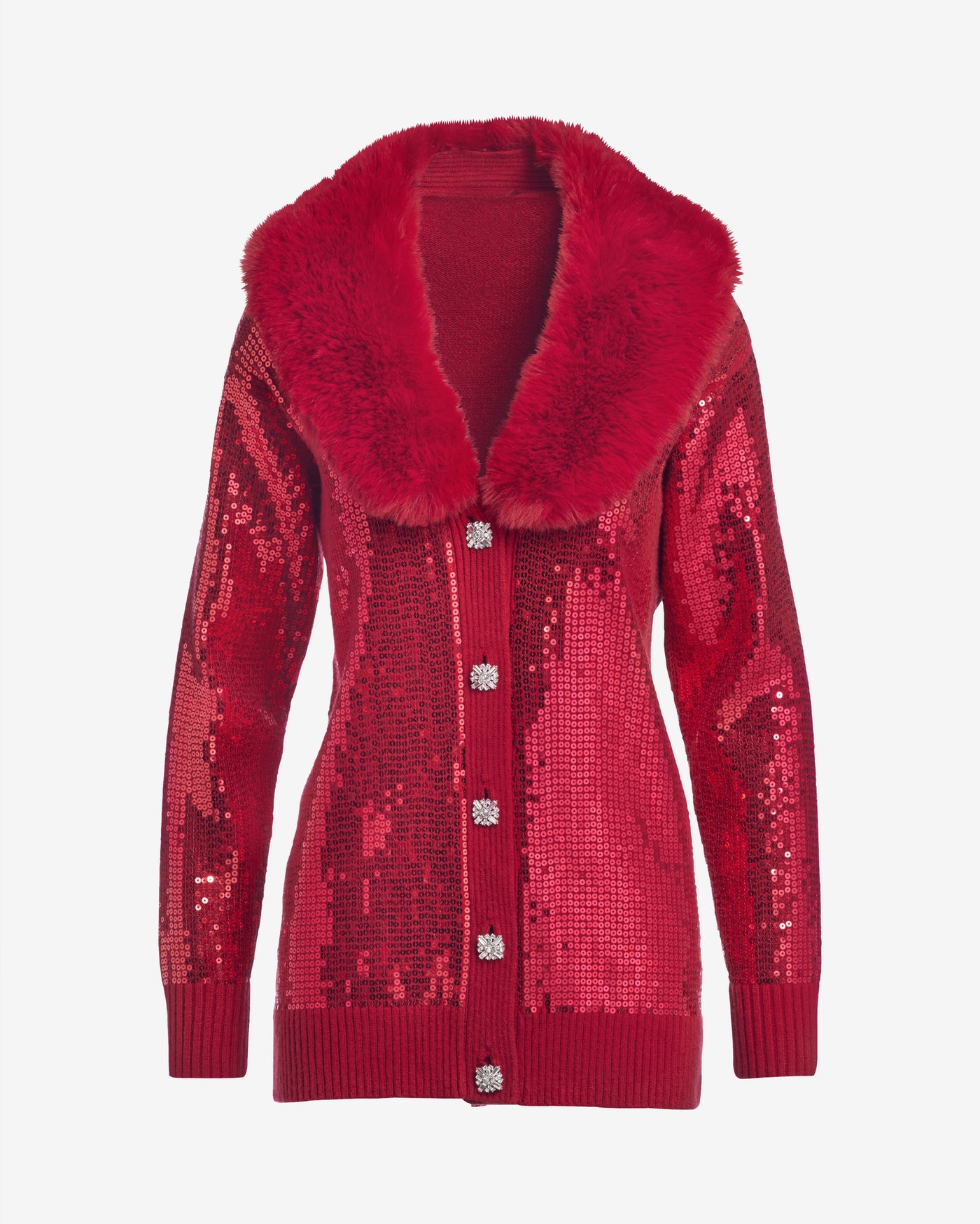 Sequin Embellished Faux Fur Collar Cardigan Jester Red