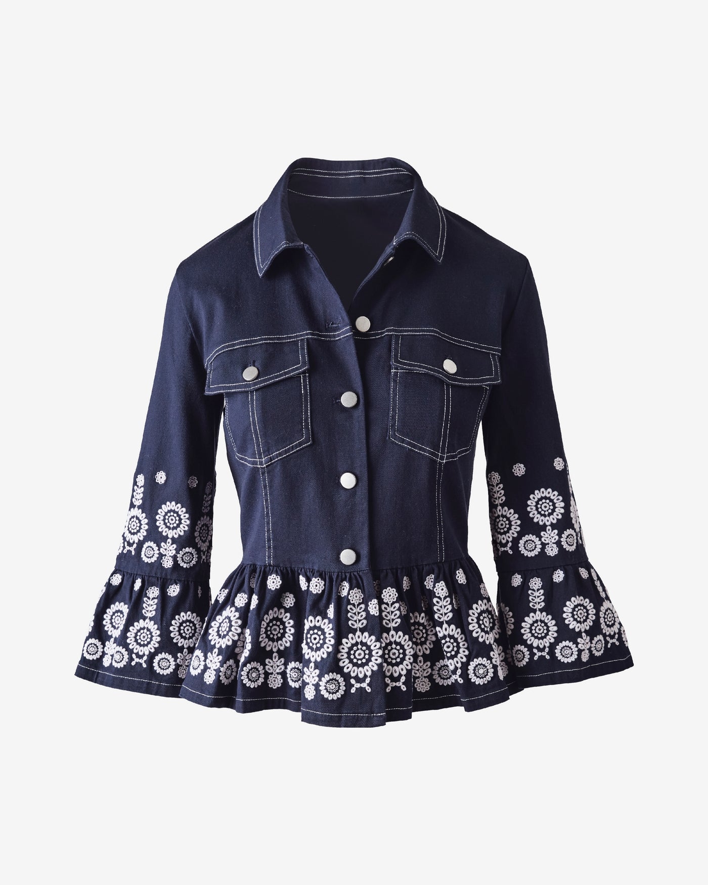 Eyelet Peplum Jacket with Flare Sleeve Navy